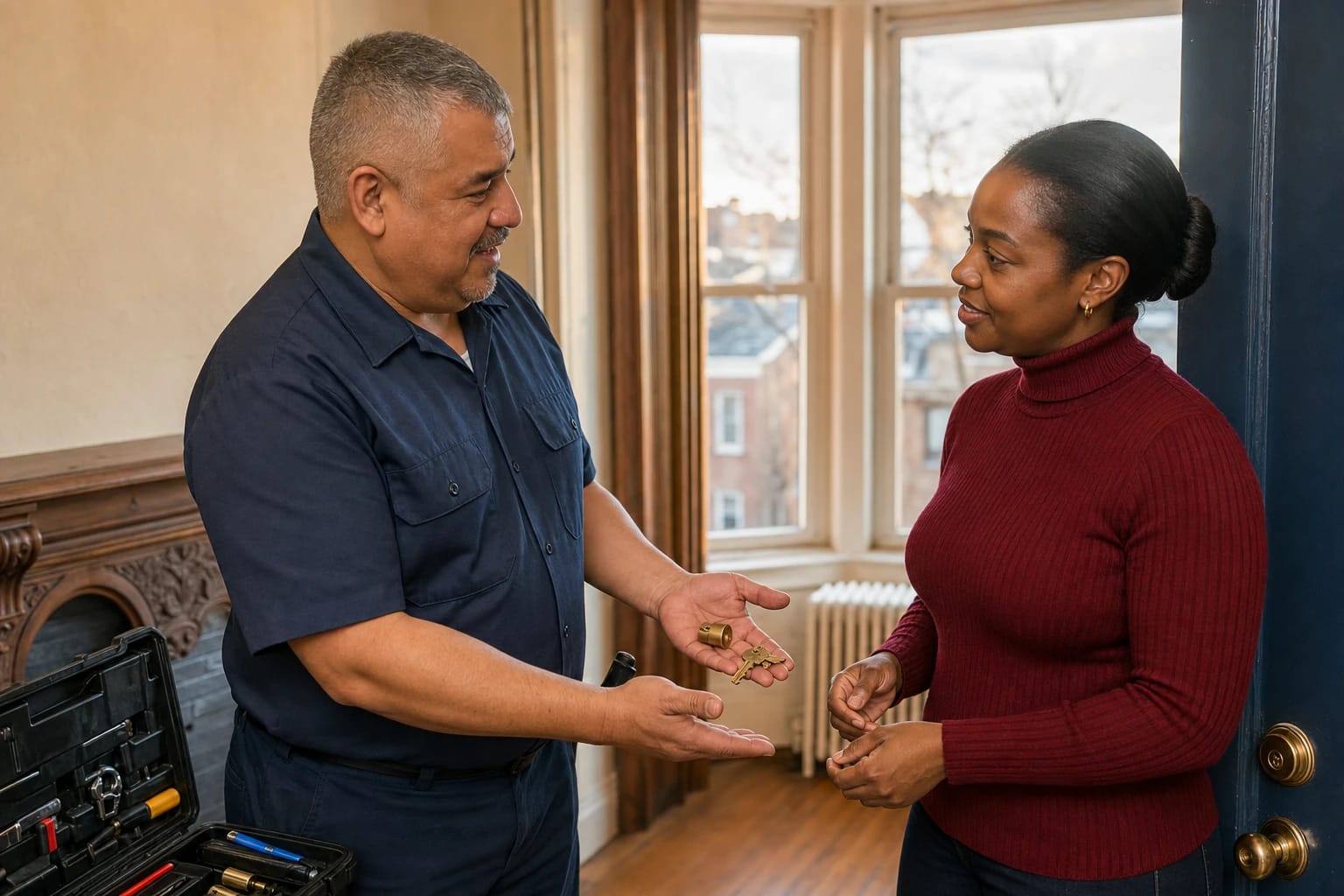 Locksmith shows a removed brass lock cylinder and new keys to a homeowner inside a rowhouse