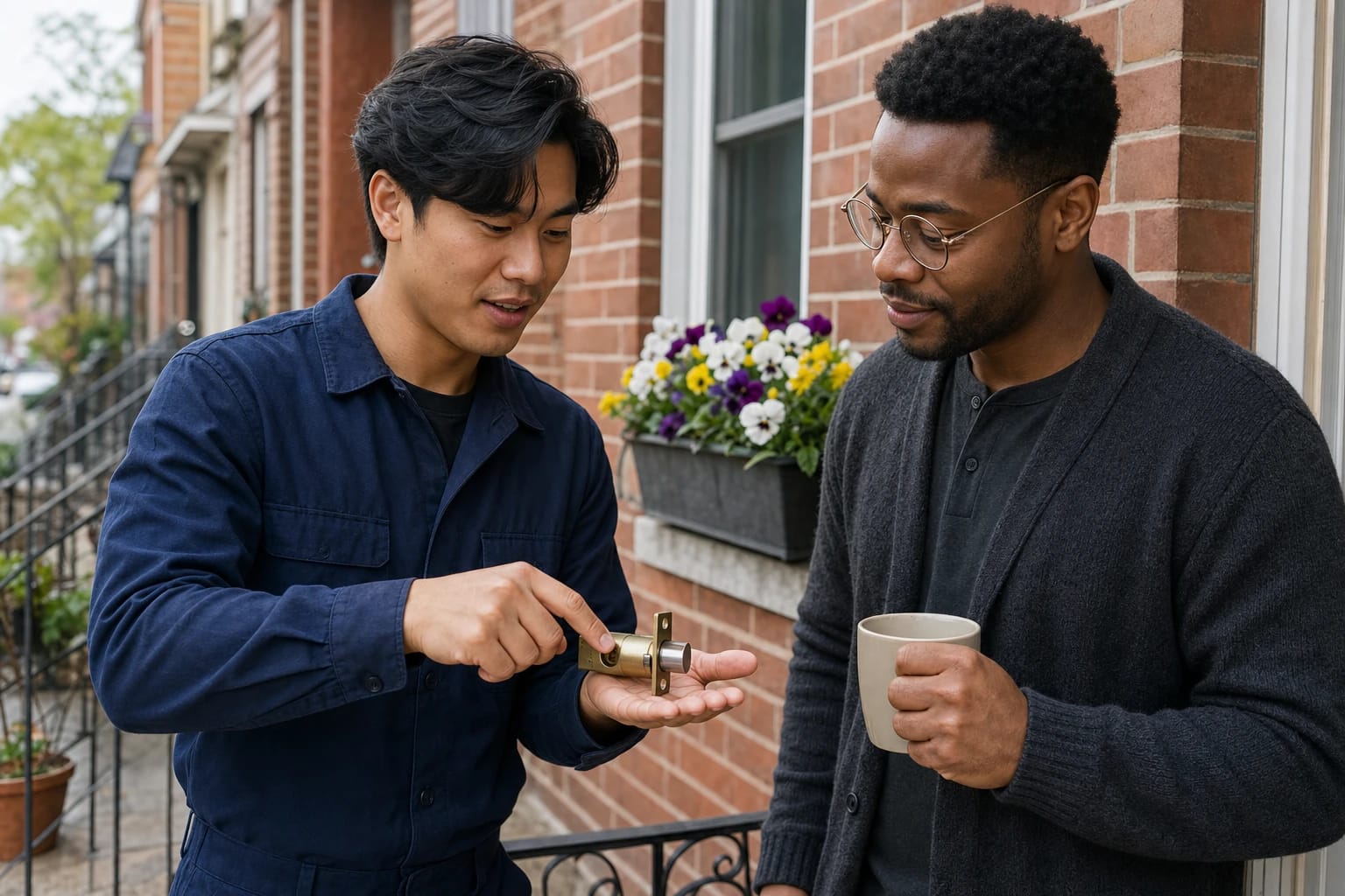 Locksmith points out a part on a brass latch to a homeowner holding a mug on a brick rowhouse stoop