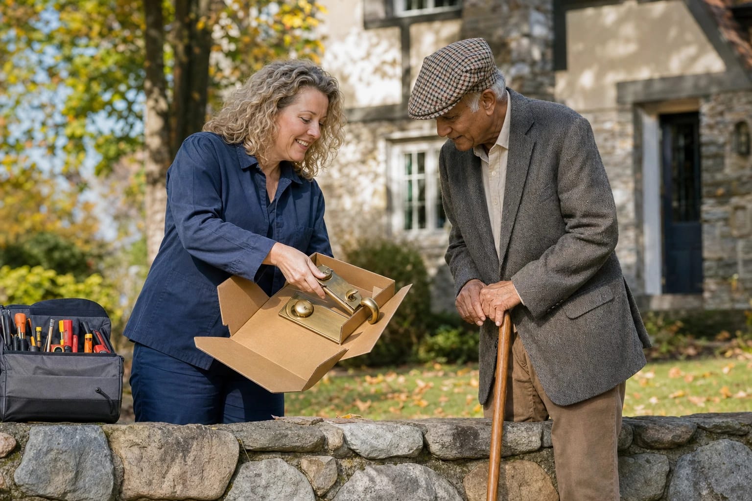 Locksmith shows a boxed new brass lockset to an older man with a cane at a stone wall in autumn