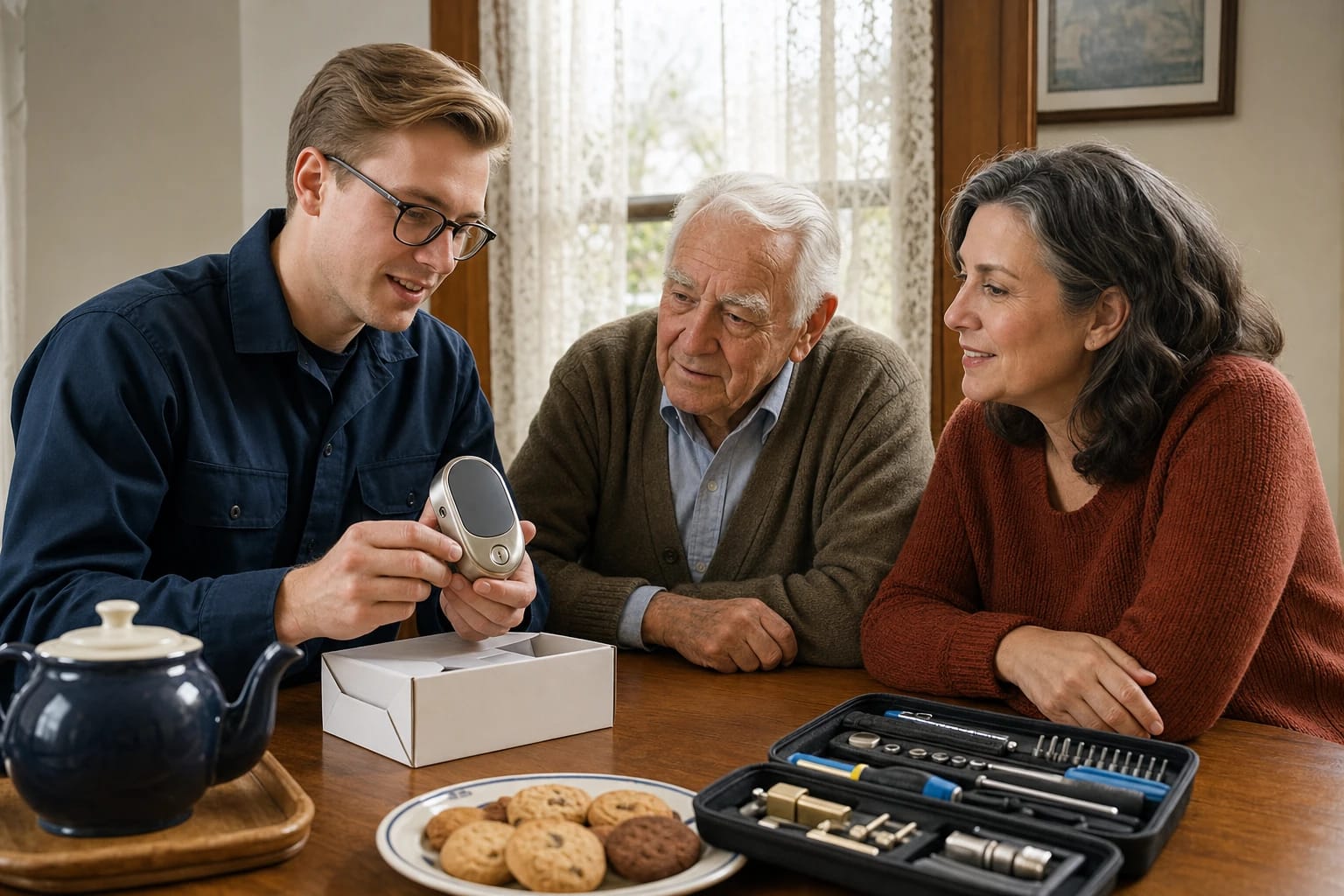Locksmith shows a smart lock to an older man and a woman at a dining table with tea and cookies