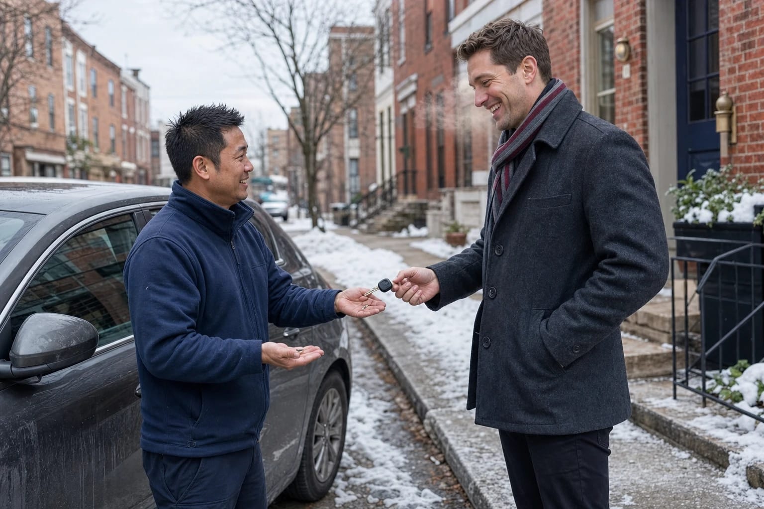 Man hands a snapped car key to a locksmith holding the broken pieces beside a car on a snowy rowhouse street