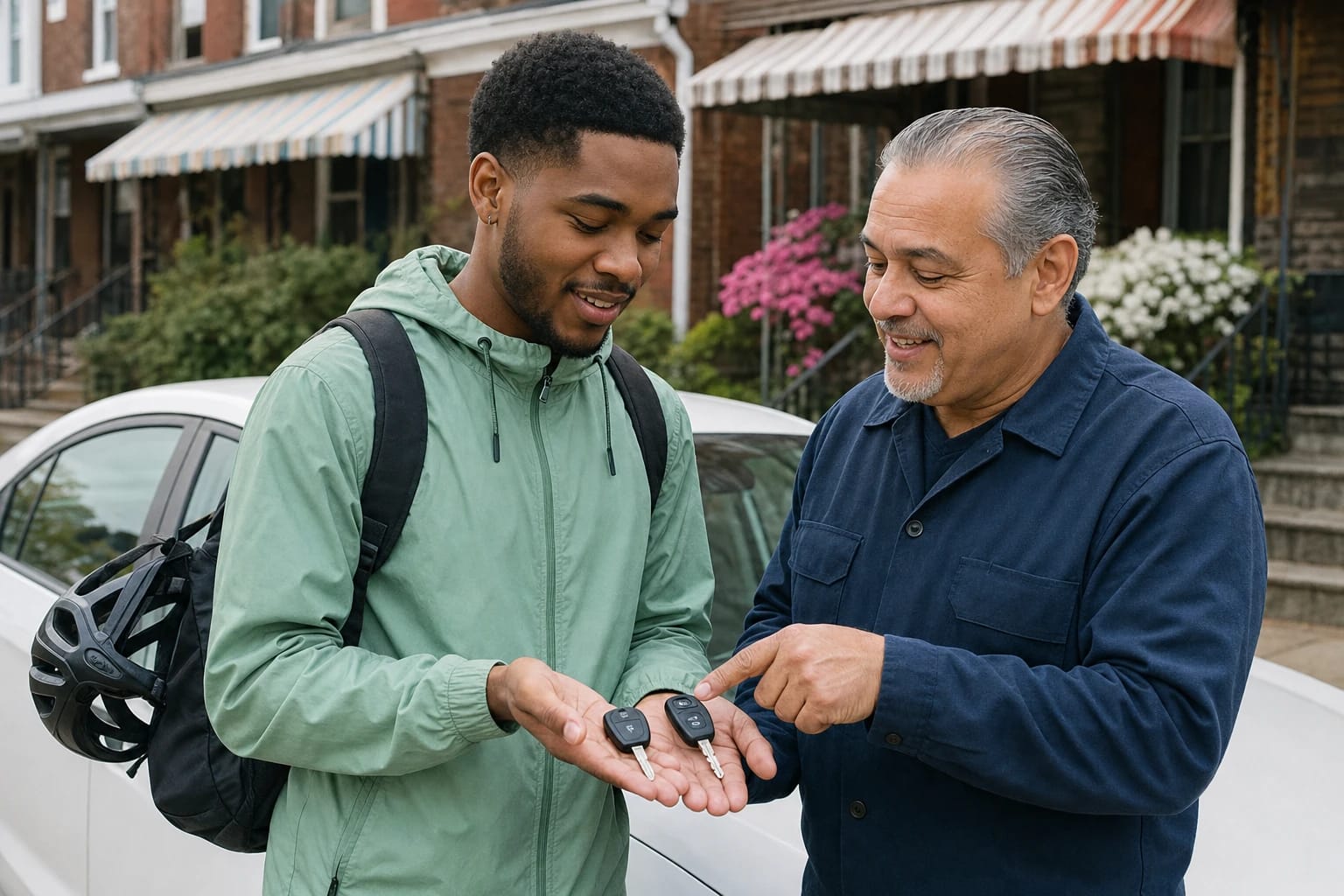 Locksmith points to two new remote car keys in a young man's palm beside a white car on a rowhouse street