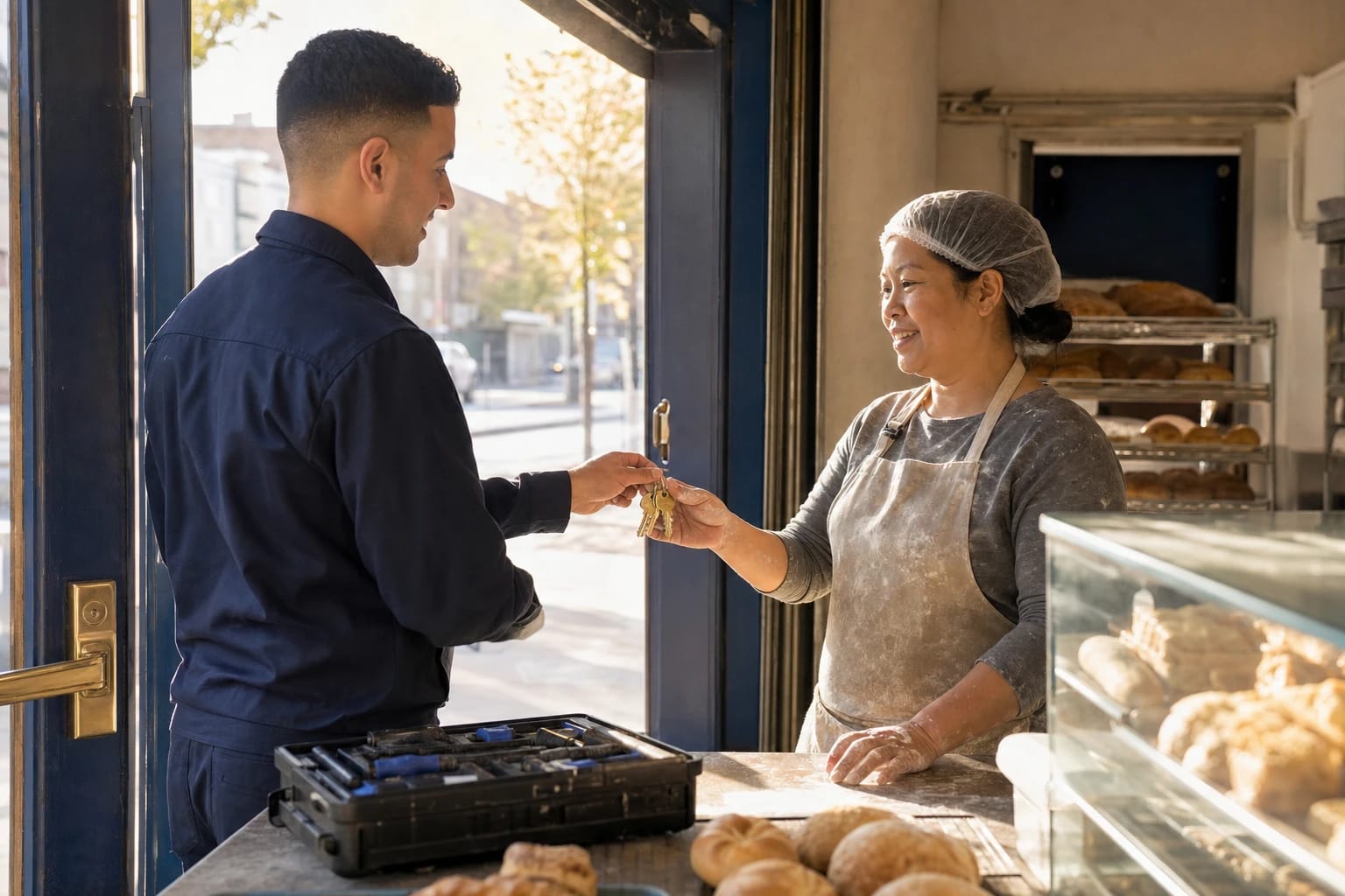 Locksmith hands a set of brass keys to a smiling baker at the counter of a sunny neighborhood bakery