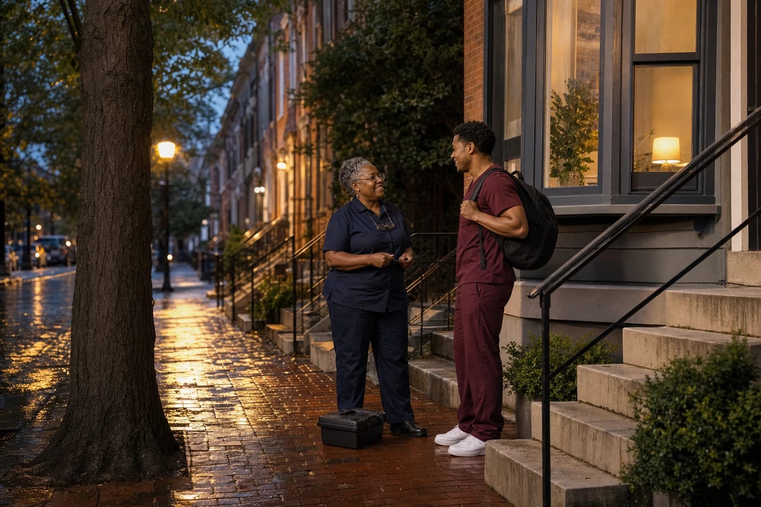 Locksmith with a tool case talks with a man in scrubs outside his rowhouse on a rain-wet brick sidewalk at dusk