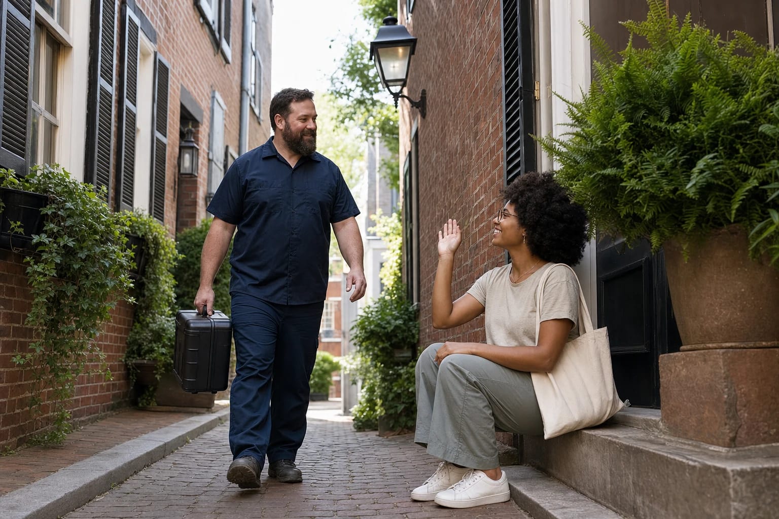Locksmith carrying a case walks down a narrow brick alley toward a smiling woman seated on her front step