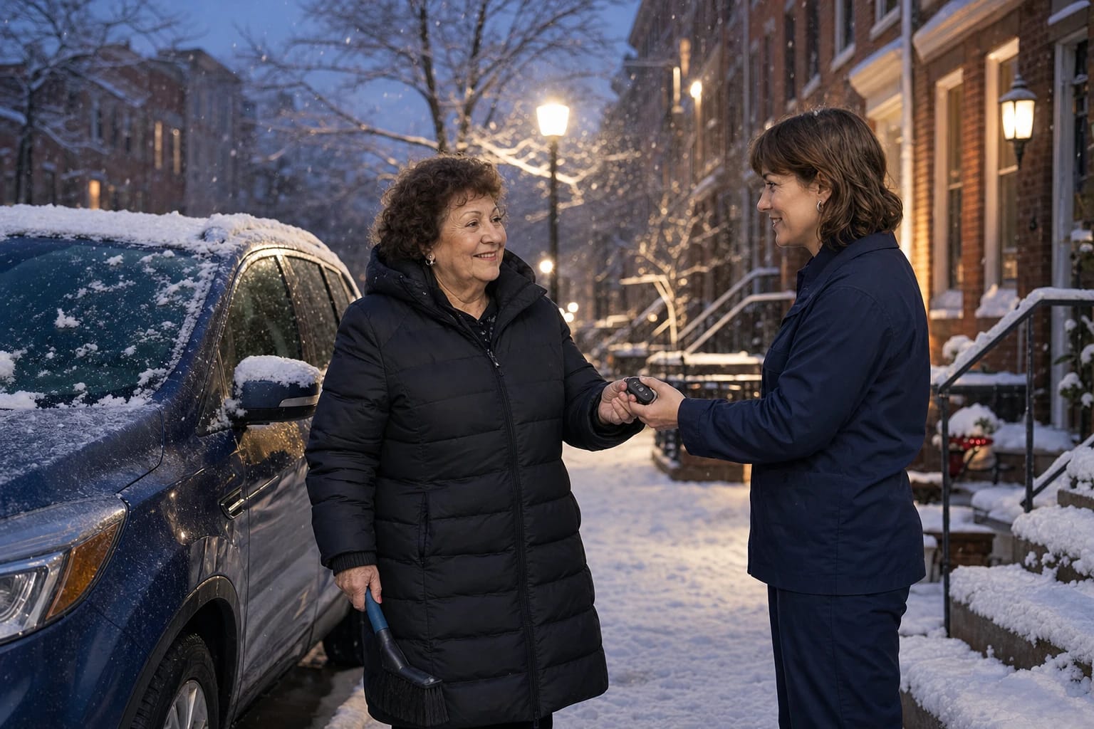 Locksmith hands a key fob to a smiling woman beside her snow-covered SUV on a rowhouse street at dusk