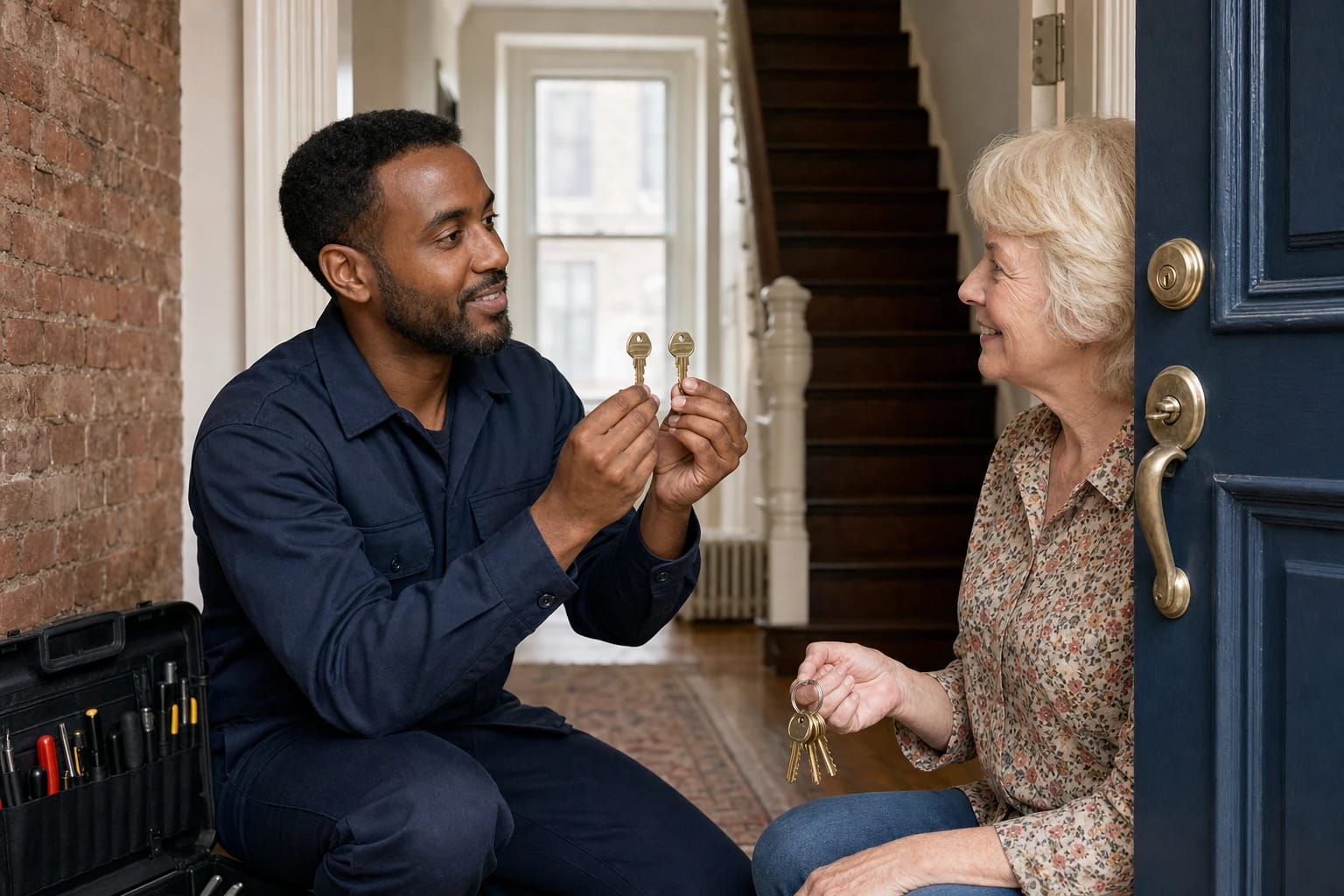 Locksmith holds up two new brass keys for a smiling homeowner at her front door as she holds her old key ring