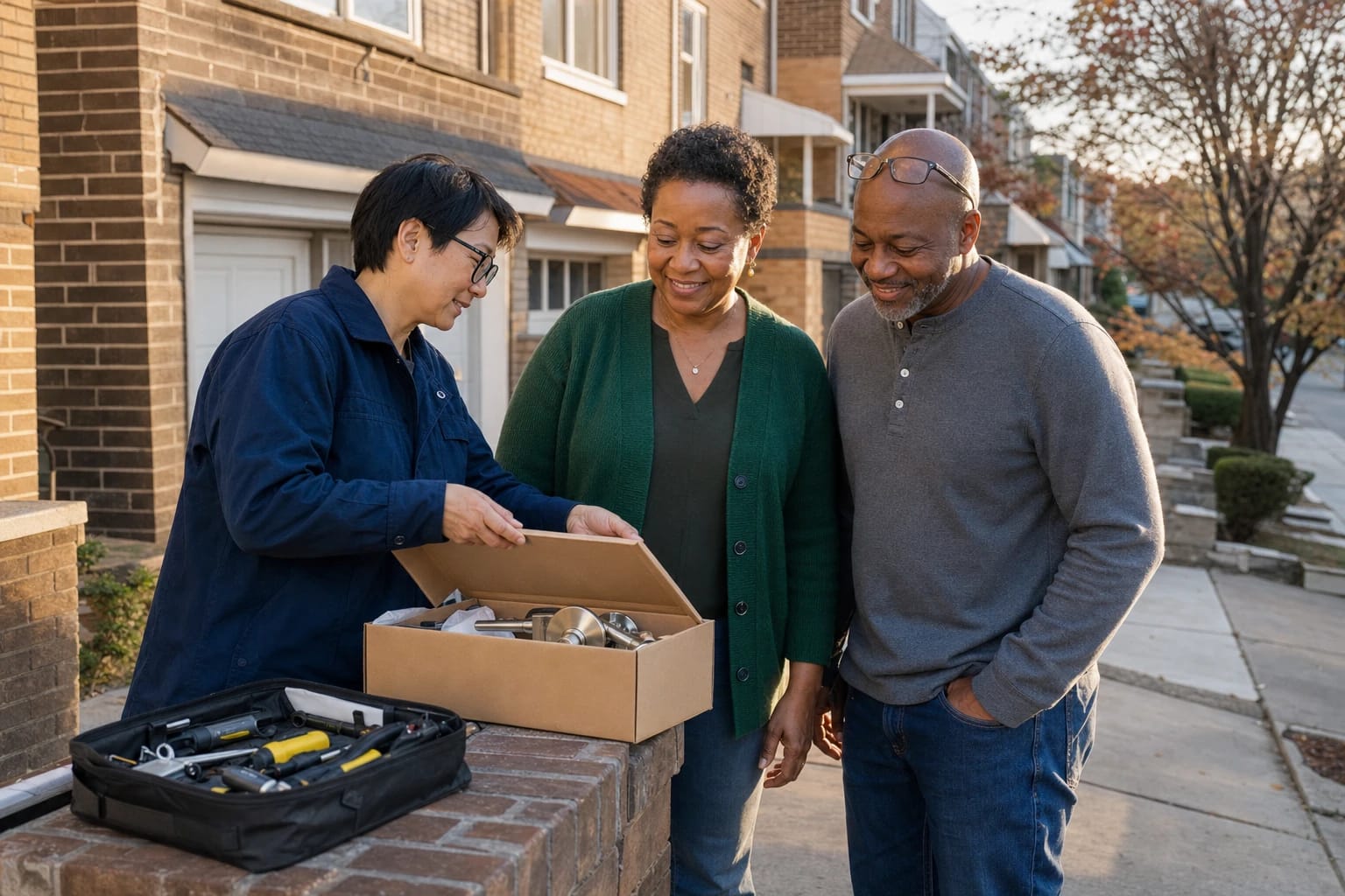 Locksmith opens a box of new door hardware for a smiling couple outside their brick rowhouse on an autumn street