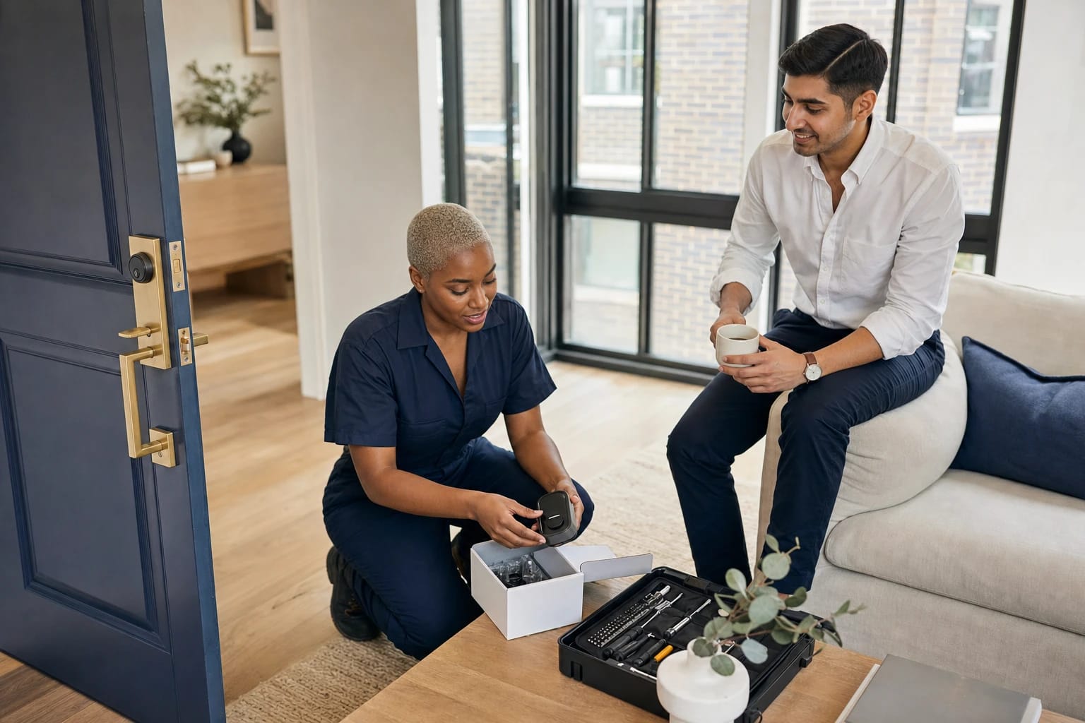 Locksmith kneels by a coffee table unboxing a smart lock as a homeowner holding coffee watches in a bright living room