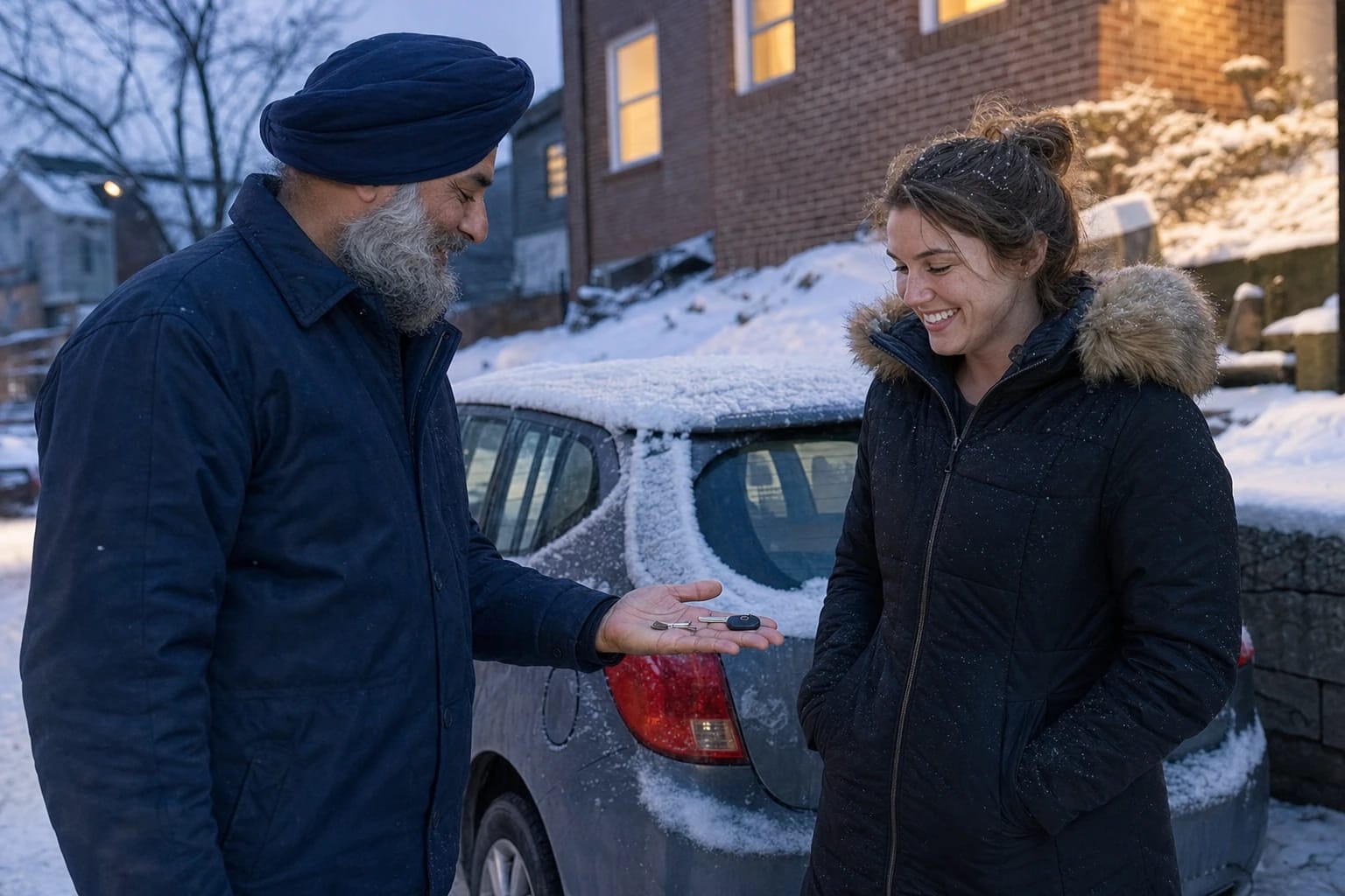 Locksmith shows snapped car key pieces in his palm to a smiling driver beside a snow-covered car at dusk