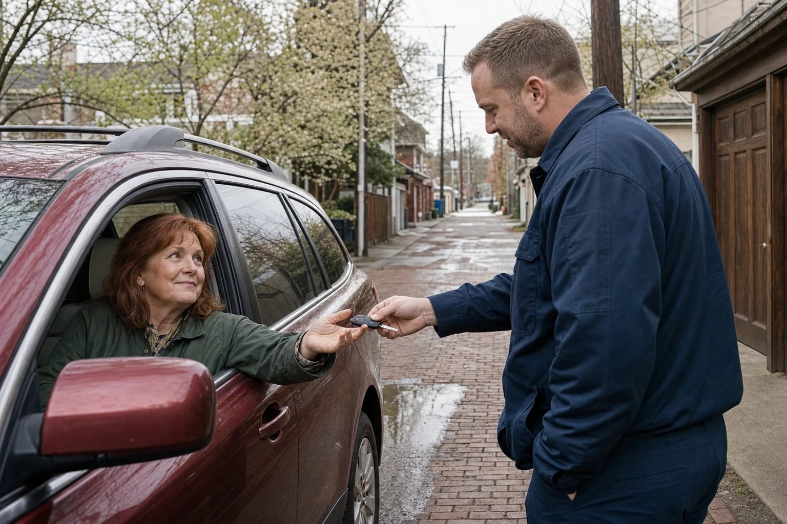 Locksmith hands a new car key to a woman in her maroon SUV in a wet brick alley