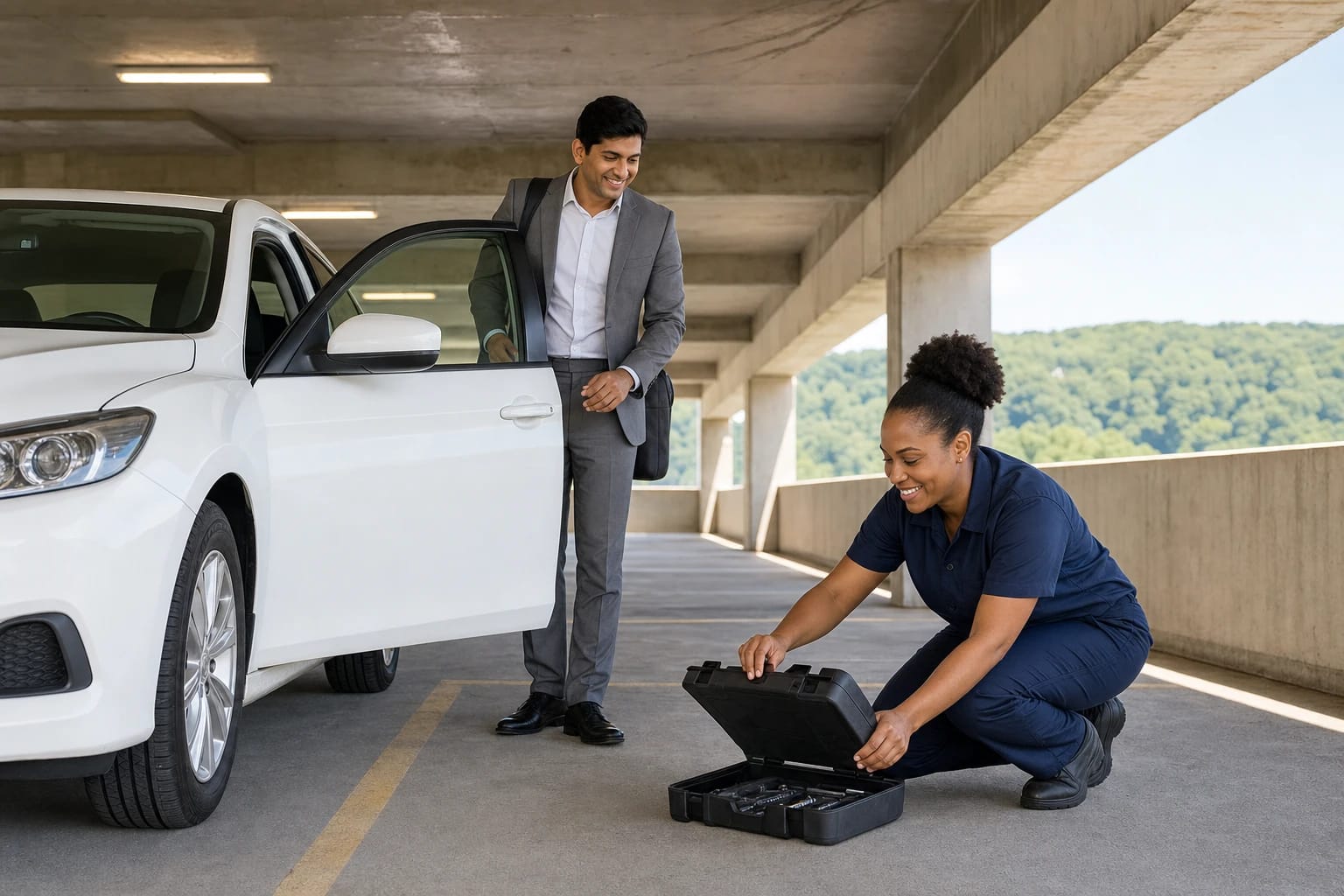 Driver opens his white car door in a parking garage as a locksmith packs up her tool case