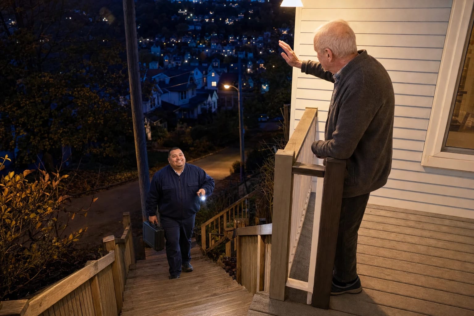 Locksmith with a flashlight climbs wooden stairs at night as a homeowner waves from his porch