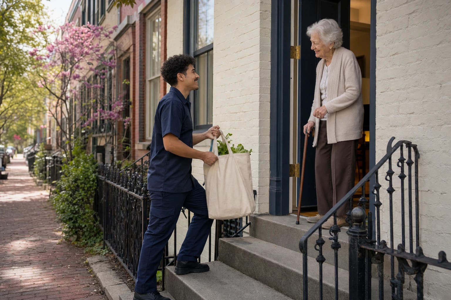 Locksmith carries a grocery tote up the steps for an elderly woman with a cane at her rowhouse door in spring
