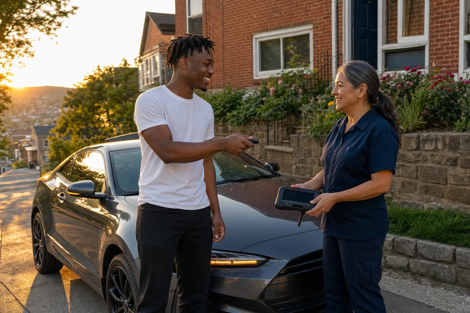 Locksmith holds a programming tablet as a driver tests his new key fob beside his car at sunset