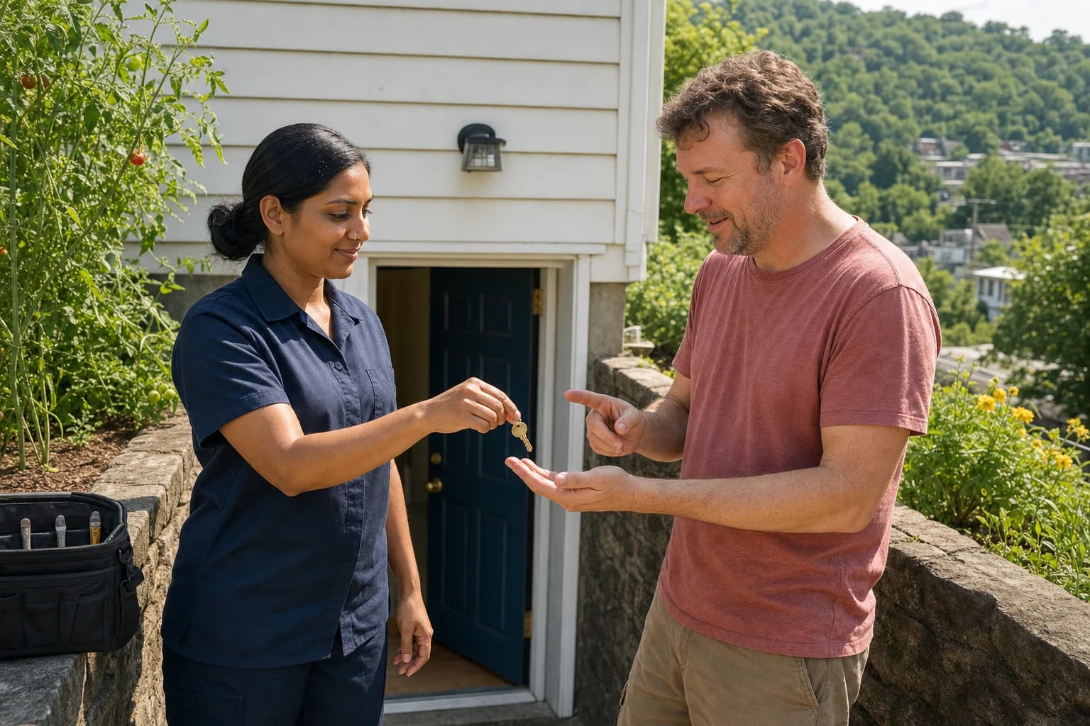 Locksmith hands a new brass key to a homeowner outside a sided house on a green, wooded hillside