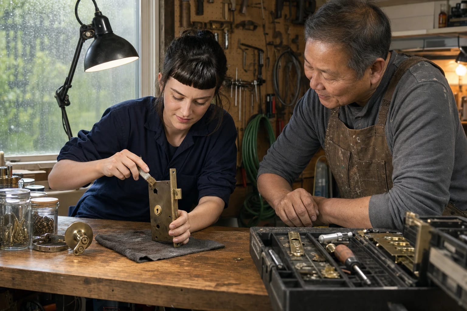 Locksmith cleans a brass mortise lock body on a workbench as a shop owner looks on