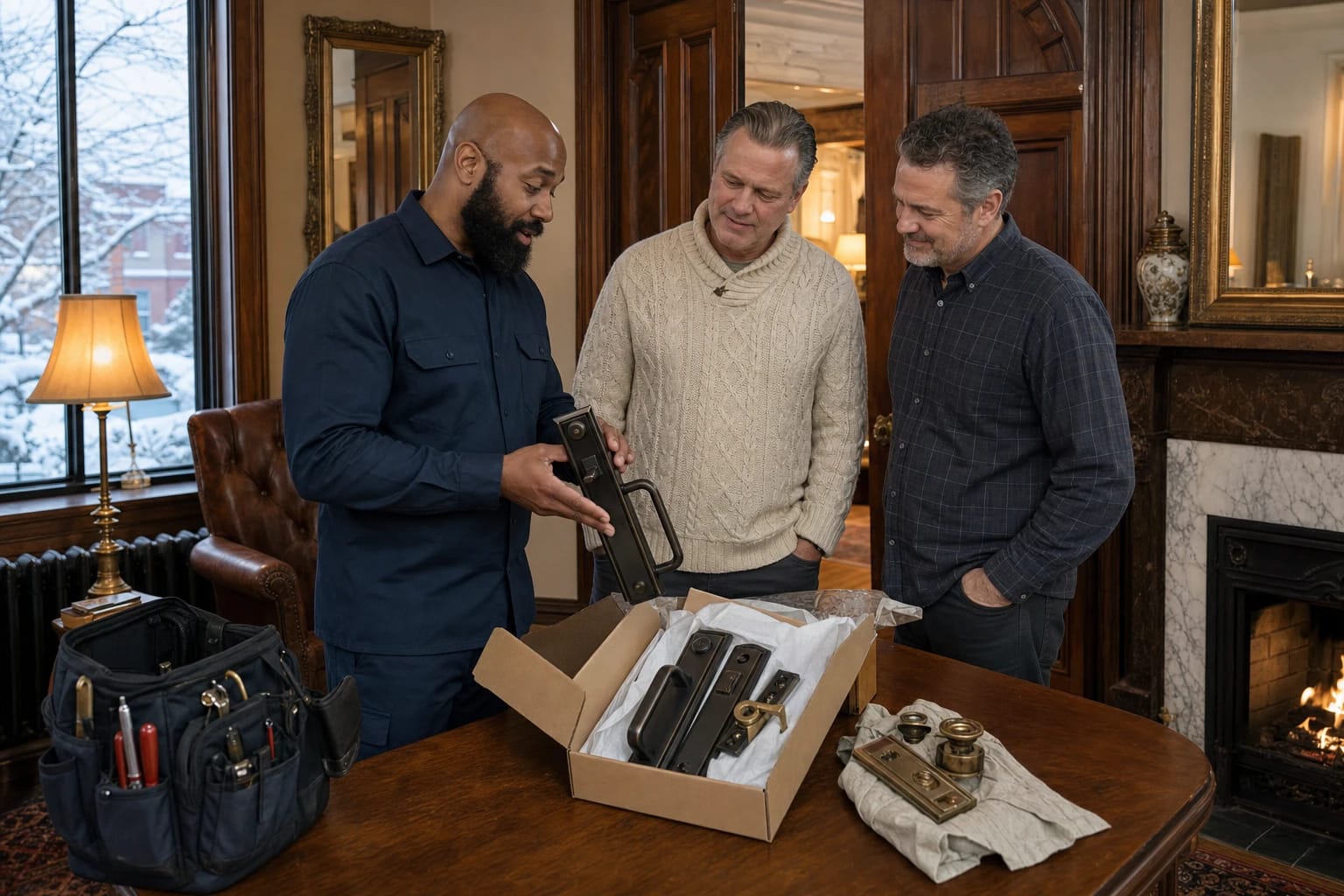 Locksmith shows new boxed door handleset to two homeowners in a wood-paneled room, snow visible outside
