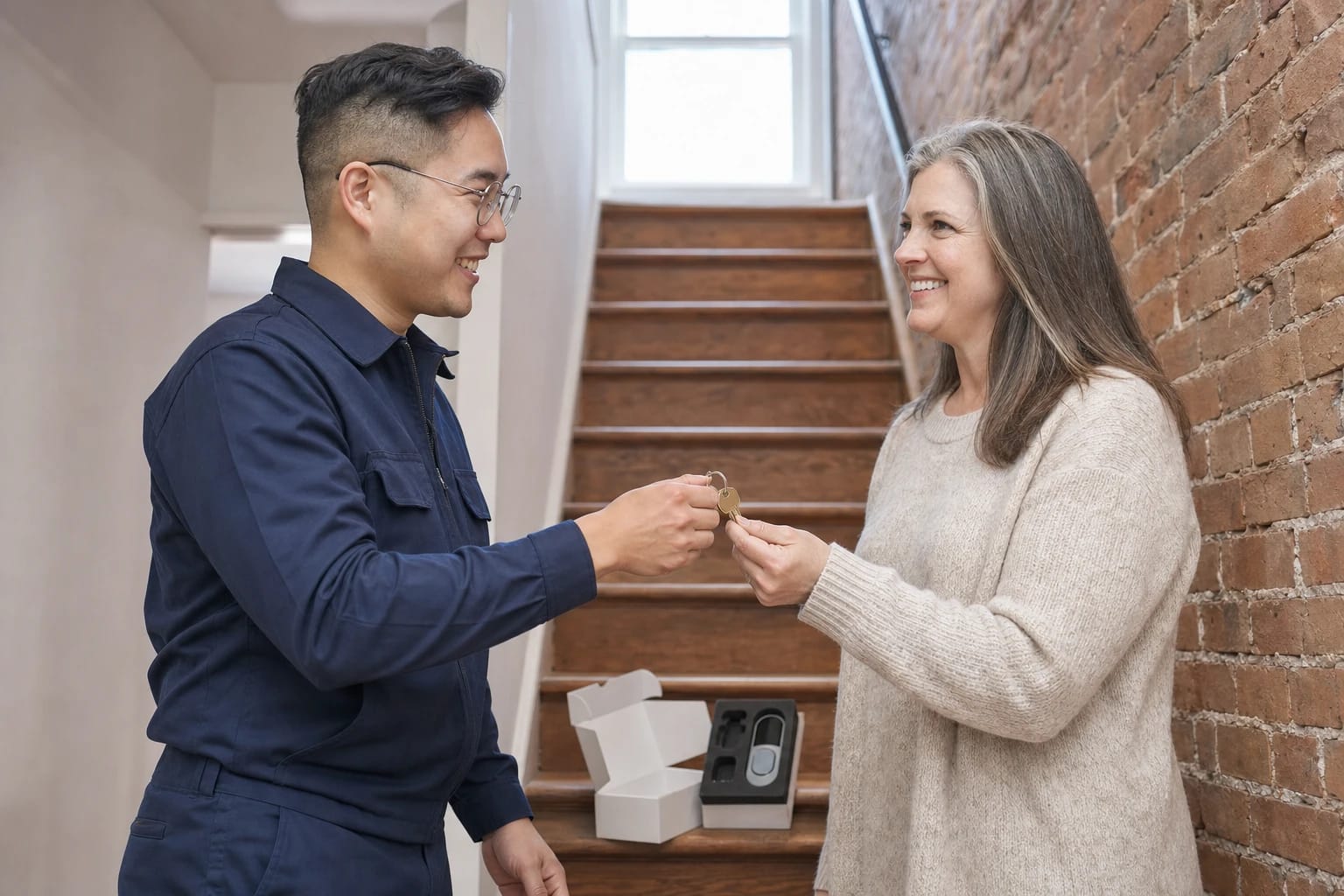 Locksmith hands keys to a homeowner in a brick-walled stairwell beside an opened smart lock box