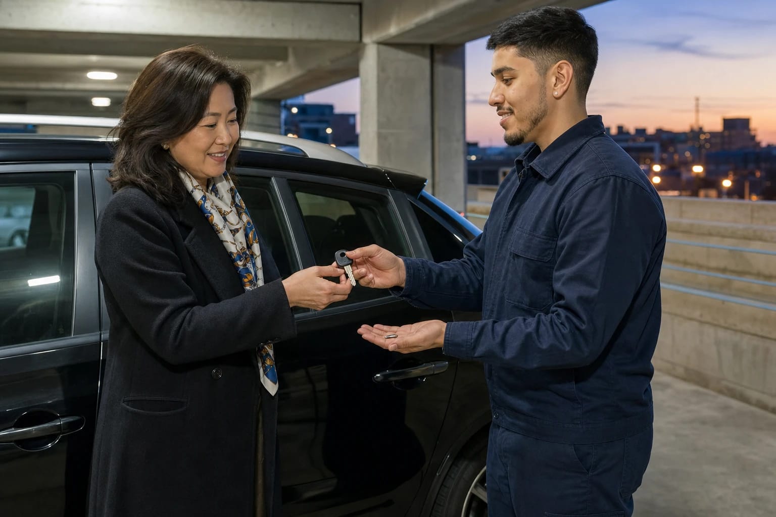 In a parking garage at dusk, a locksmith hands a woman a key while holding a snapped key fragment