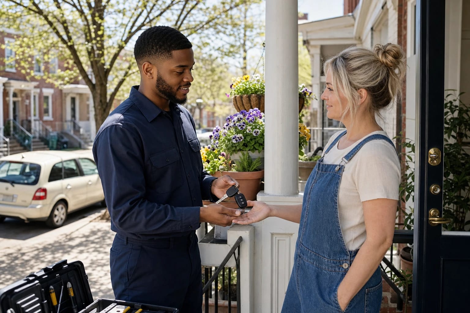 Locksmith hands a woman a new car key and remote fob on her front porch with spring flowers