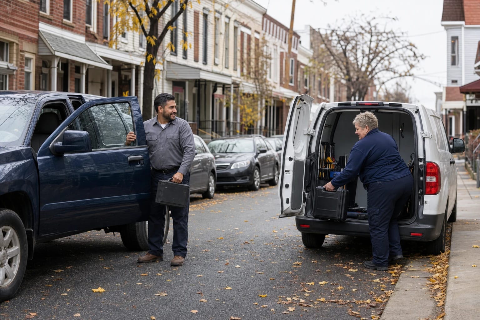 Man with a case beside an open pickup door and a locksmith loading a van on a rowhouse street in autumn