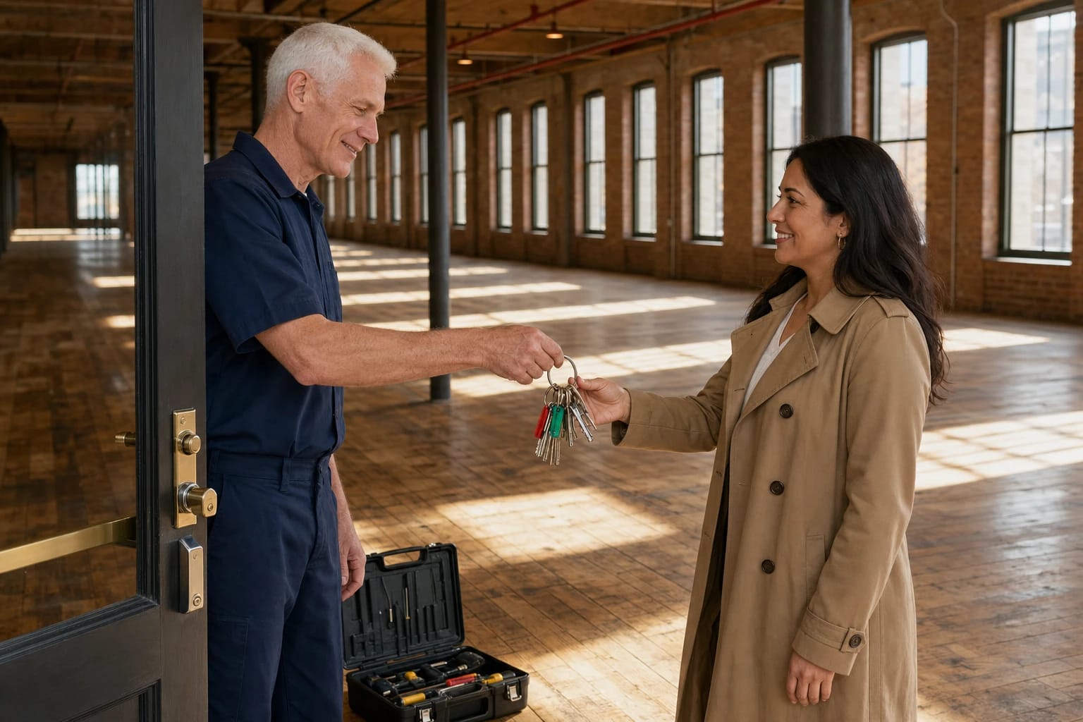 Locksmith hands a ring of keys to a woman inside an empty brick mill loft space