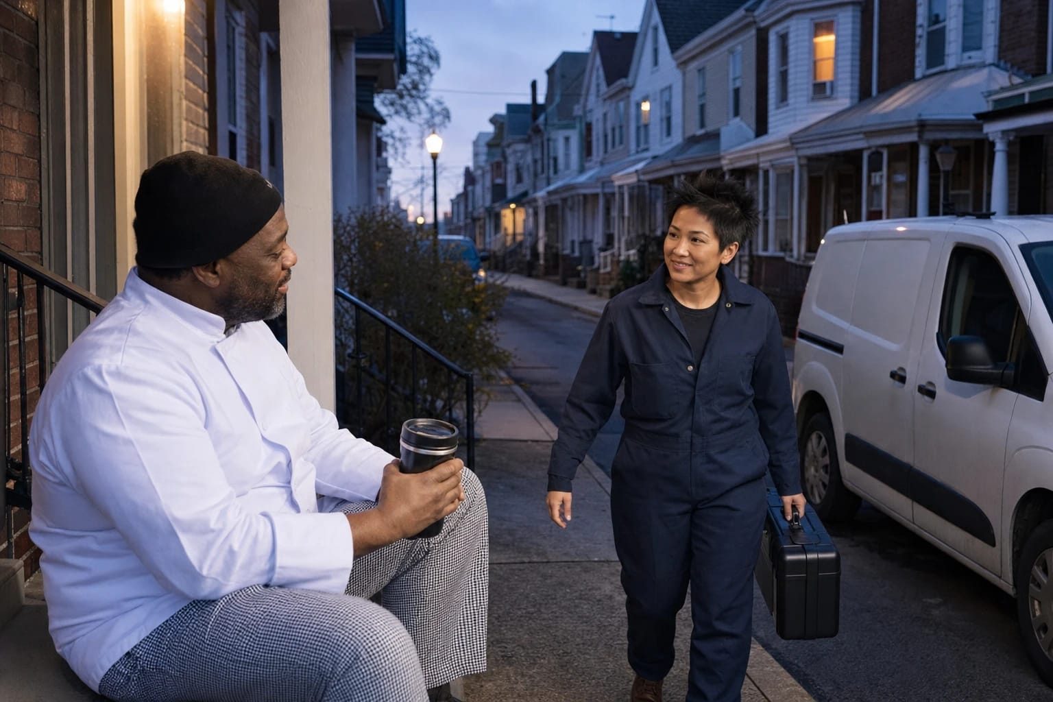 Locksmith with a black case walks up a rowhouse sidewalk at dusk toward a man in chef whites waiting on his steps