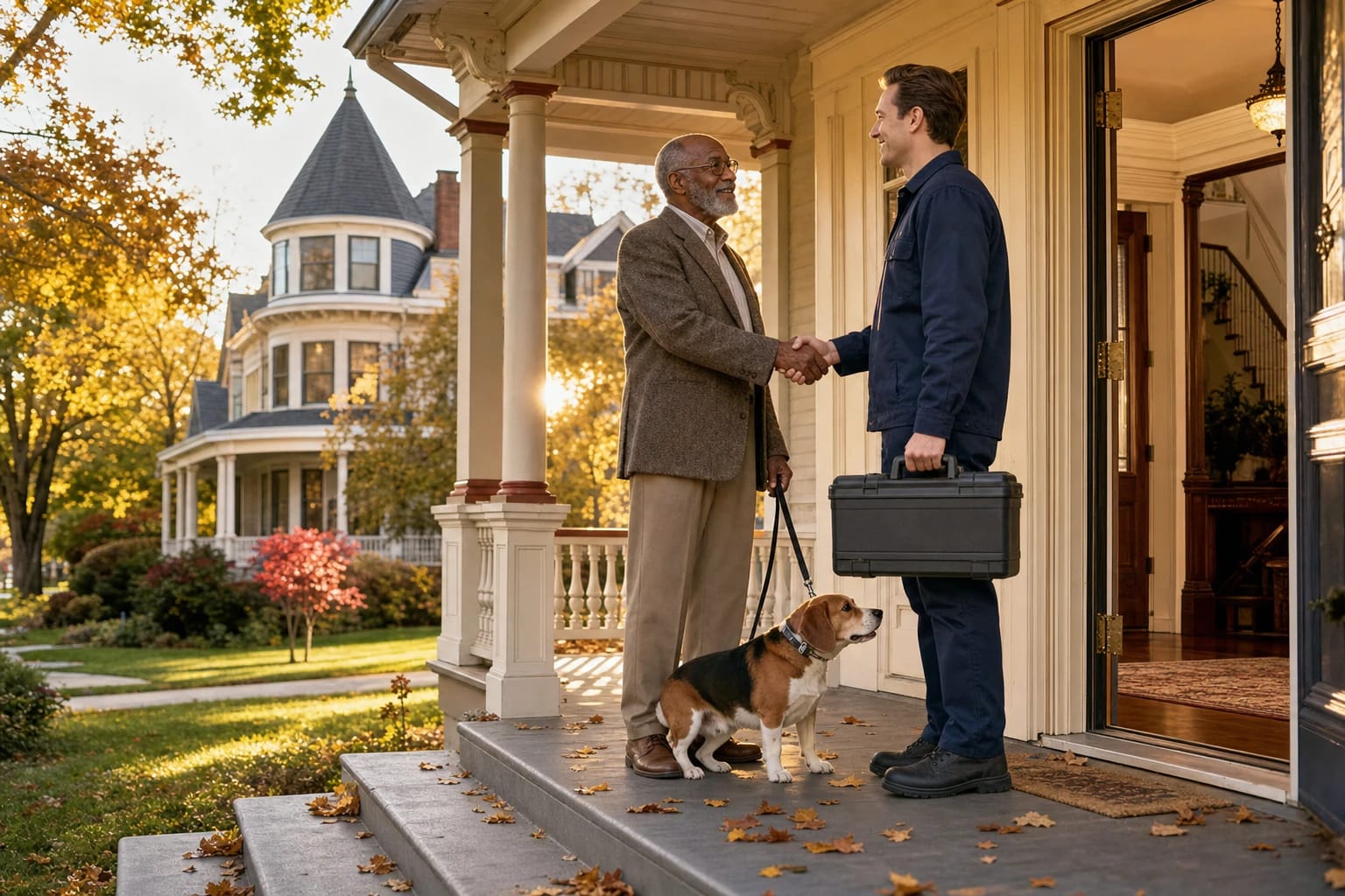Locksmith with a tool case shakes hands with an older homeowner and his beagle on a Victorian porch in autumn