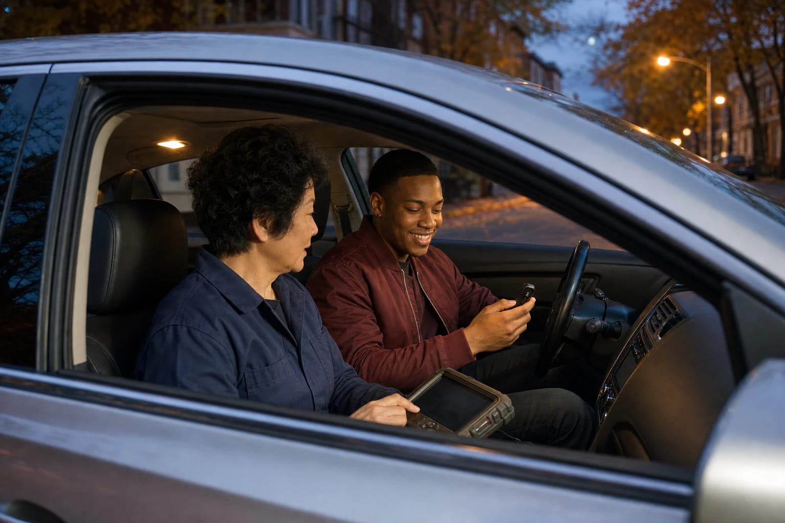 Locksmith with a programming tablet sits in a car as the driver tests a key fob on an evening street