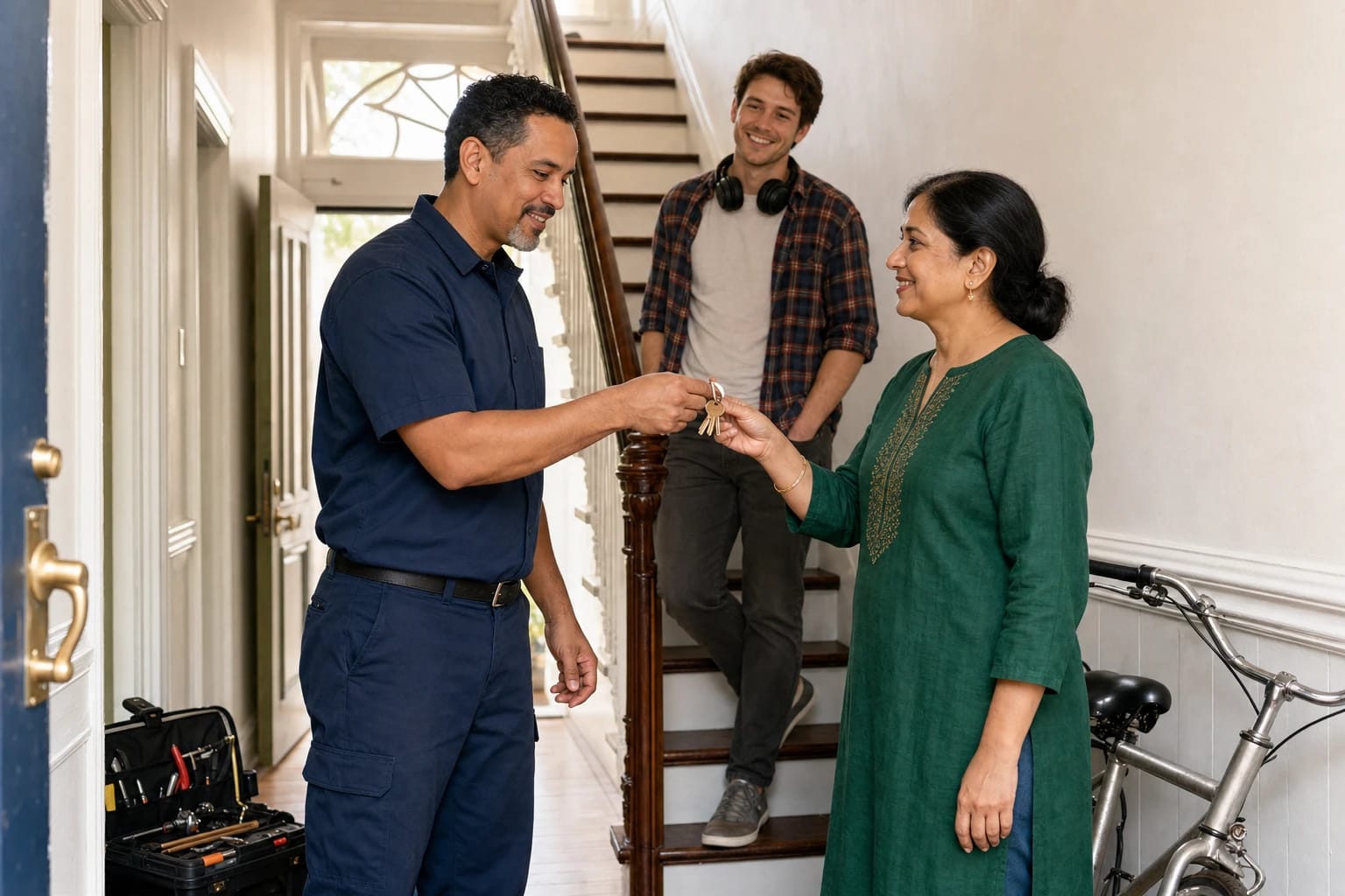 Locksmith hands new brass keys to a woman in a home entry hall as a young man watches from the stairs