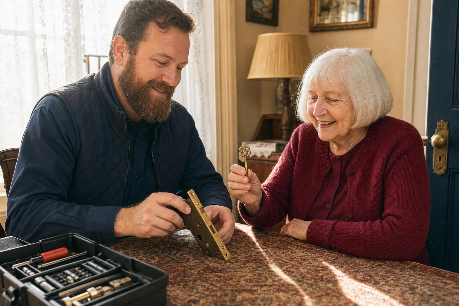 Locksmith examines a brass mortise lock at a table while an older woman holds a vintage key