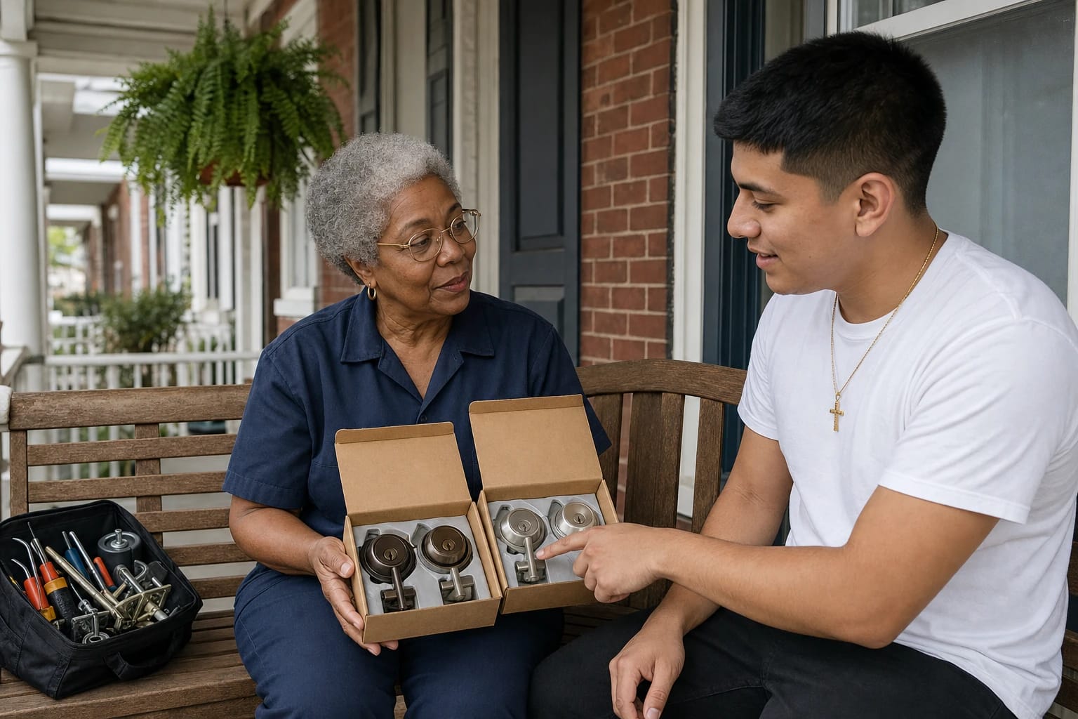 Locksmith shows a young man two boxes of new deadbolts on a porch bench outside a brick rowhouse