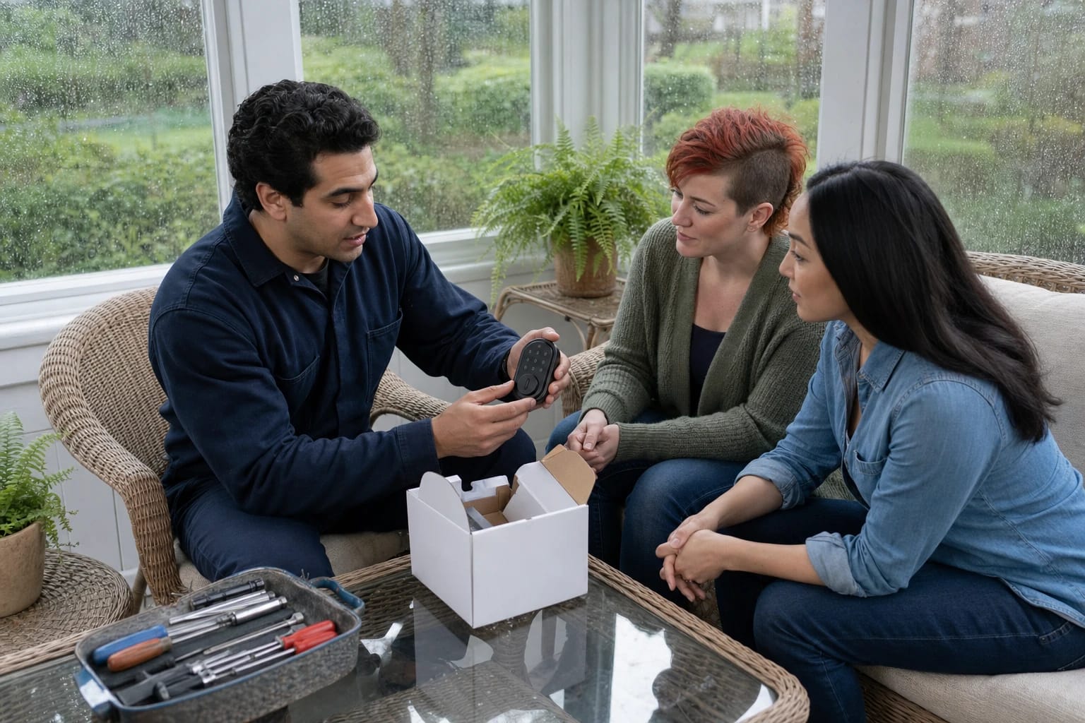 Locksmith shows two homeowners a black keypad smart lock in a sunroom, open box on the table