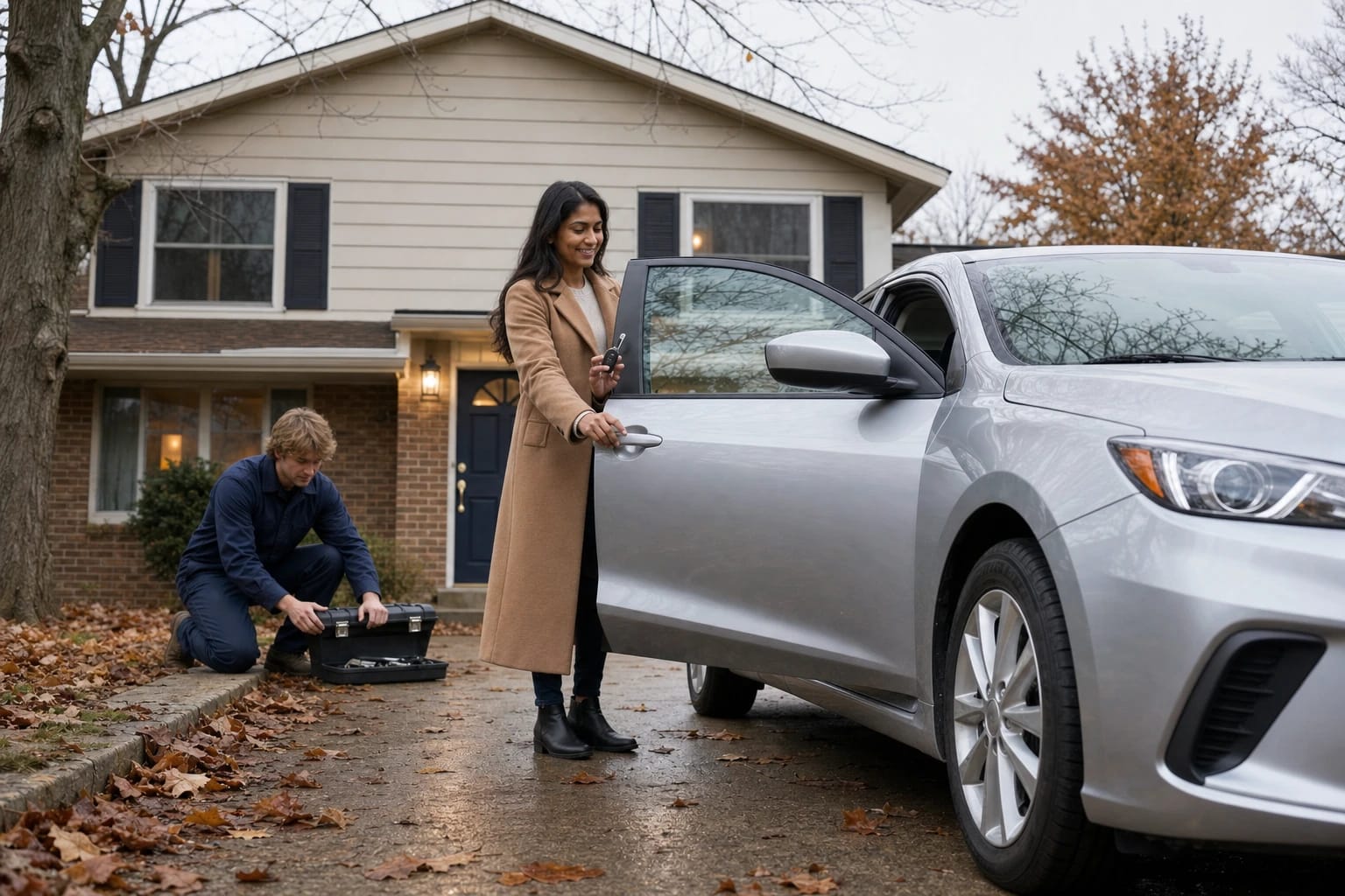 Woman opens her silver sedan with a key fob as a locksmith kneels by his toolbox in a leaf-strewn driveway