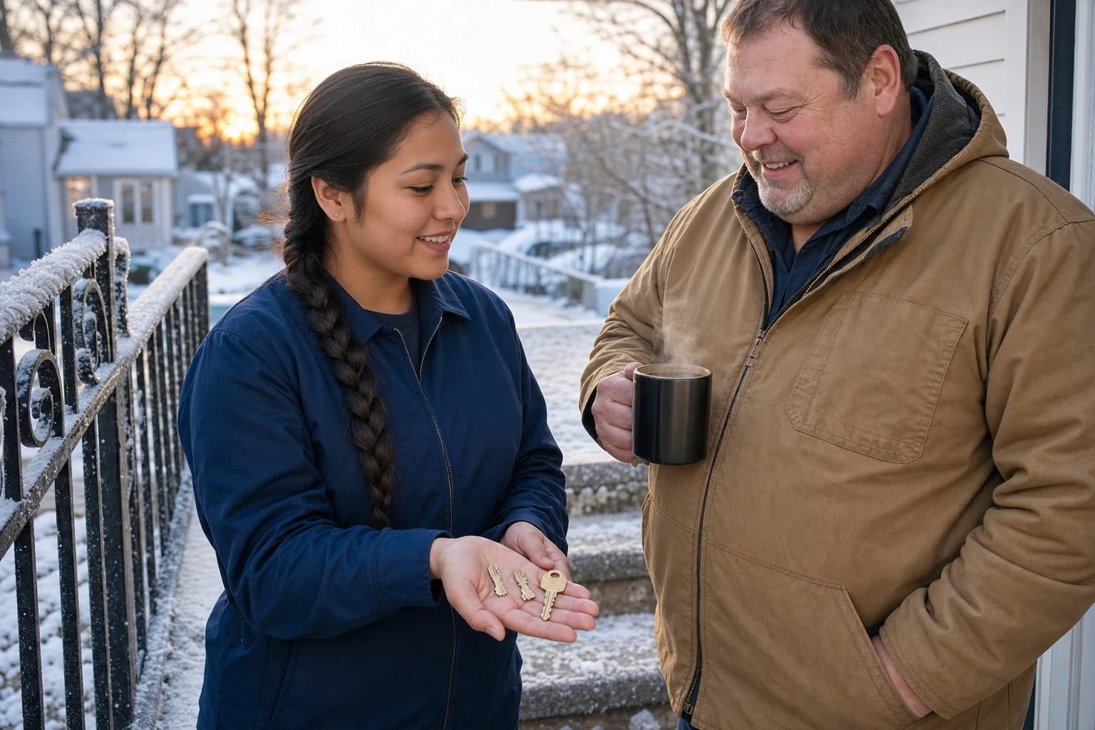 Locksmith shows snapped key pieces and a whole key in her palm to a homeowner with coffee on a snowy porch
