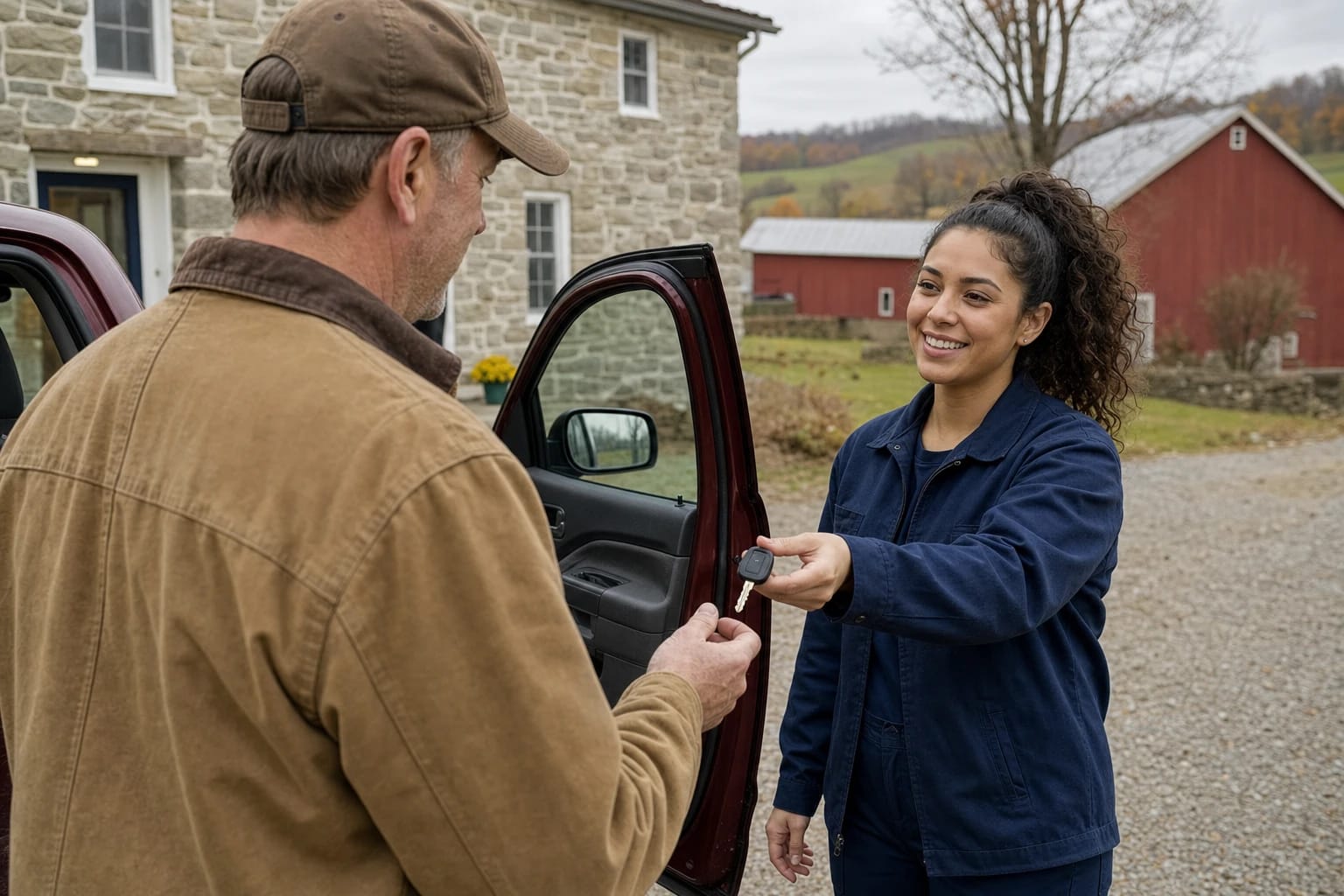 Locksmith hands a new remote-head car key to a man at his pickup door beside a stone farmhouse and red barn
