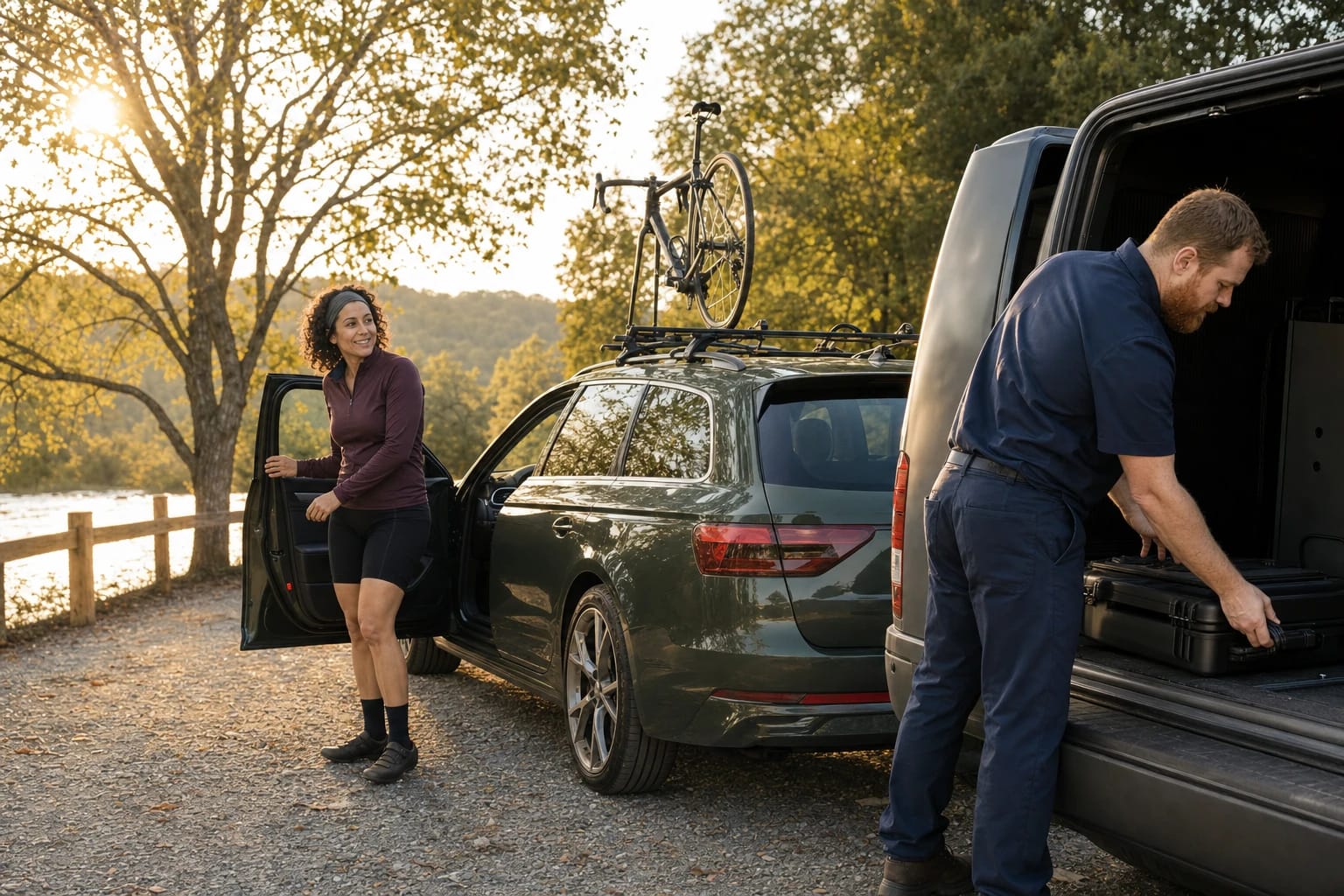 Cyclist stands by the open door of her wagon at a riverside lot as a locksmith stows his case in a van