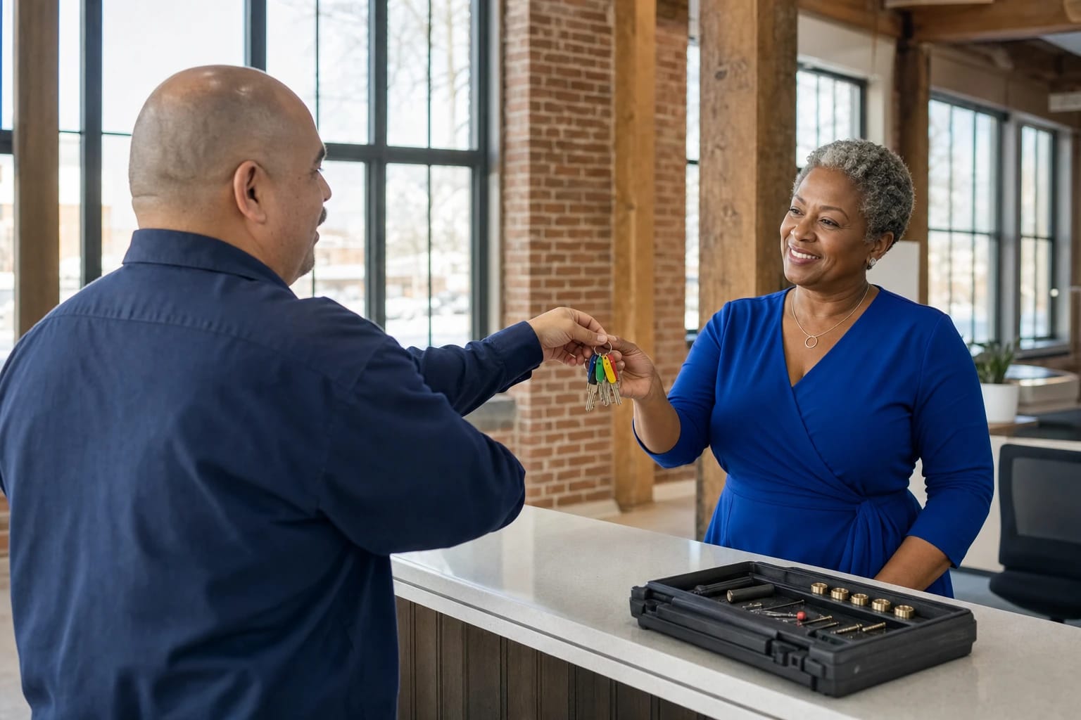 Locksmith hands a ring of color-tagged keys to a smiling office manager at a counter in a brick loft office