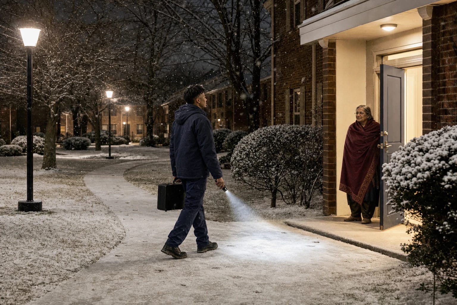 Locksmith with a flashlight and case walks a snowy path at night toward a woman waiting at an open apartment door