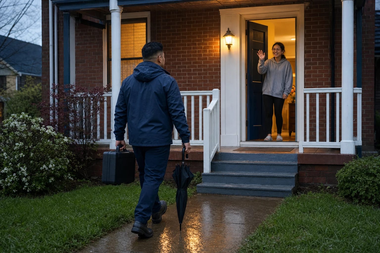 Locksmith with a tool case walks up a rain-wet path at dusk as a homeowner waves from her lit front door