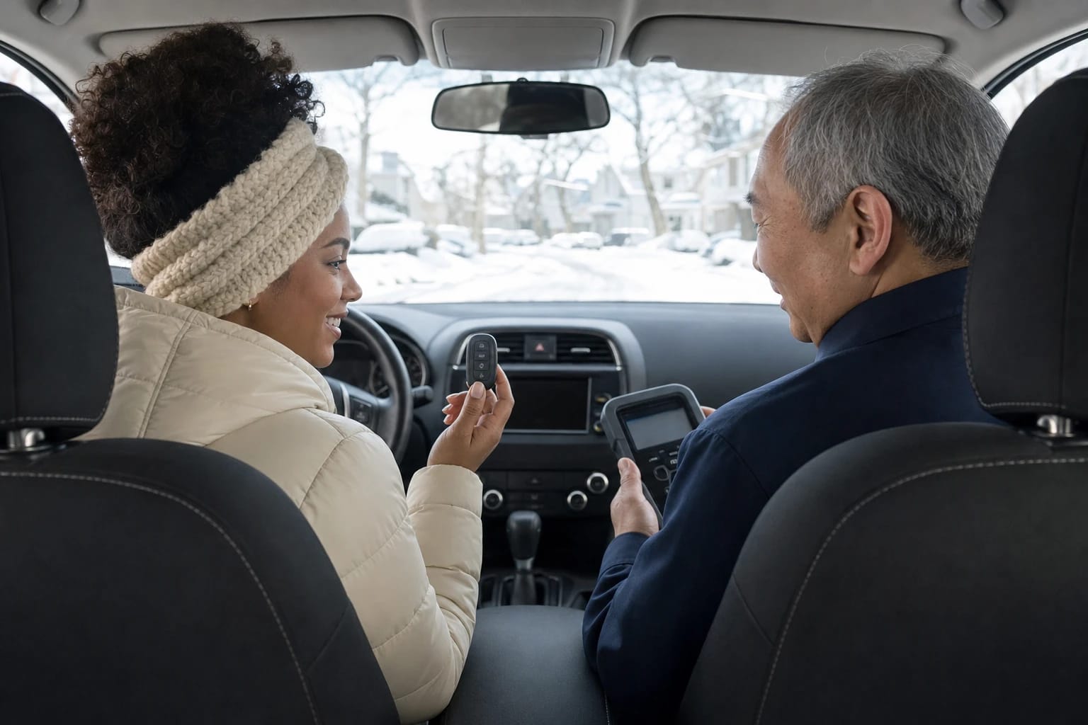 Locksmith with a programming device sits beside a driver holding up her new key fob in a car on a snowy street