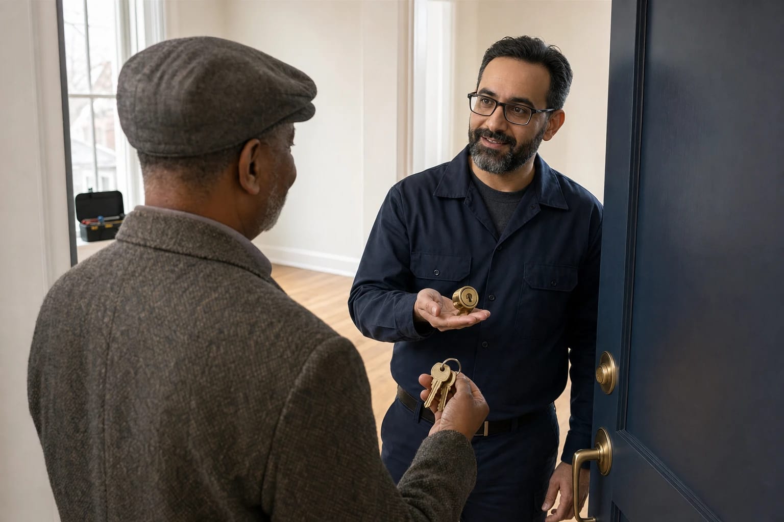 Locksmith holds a removed brass lock cylinder while a homeowner holds a set of new brass keys at the front door