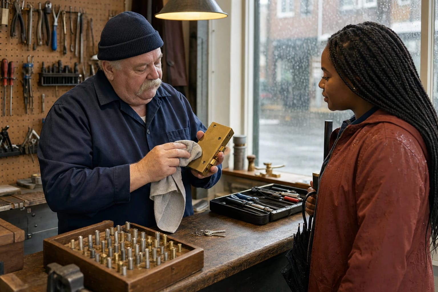 Locksmith wipes down a brass mortise lock at a workbench as a customer in a rain-dampened jacket looks on