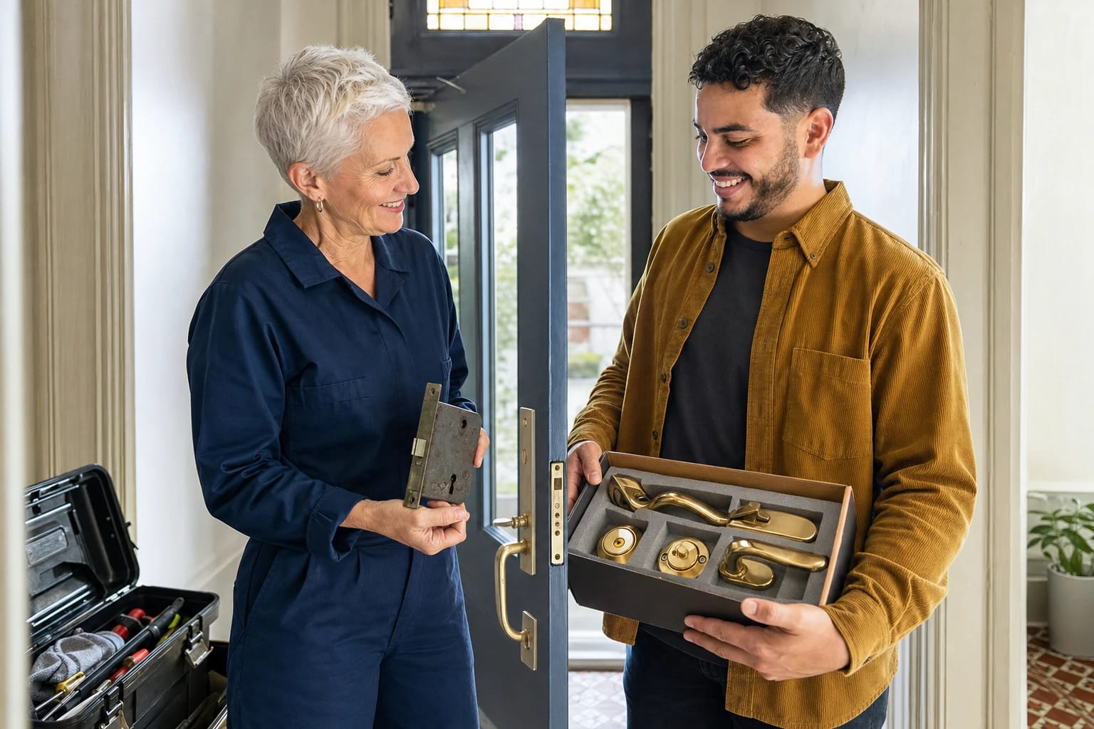 Locksmith holds an old mortise lock as a homeowner holds a boxed set of new brass door hardware in an entry hall