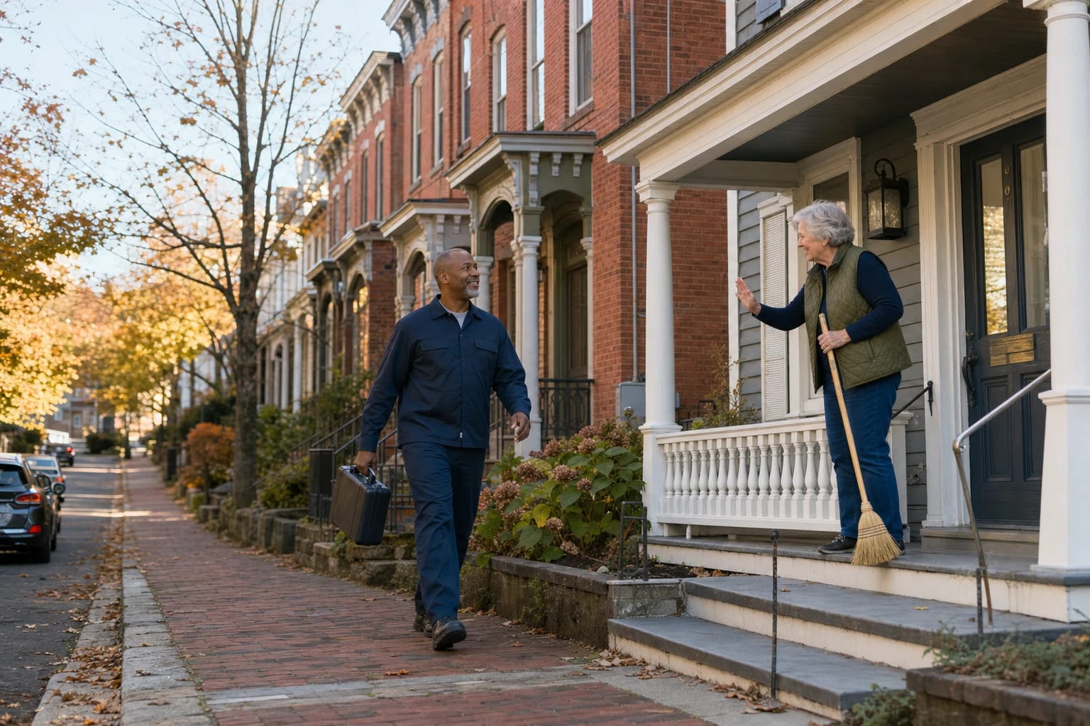 Locksmith carrying a case walks along a brick rowhouse sidewalk as a neighbor waves from her porch in autumn