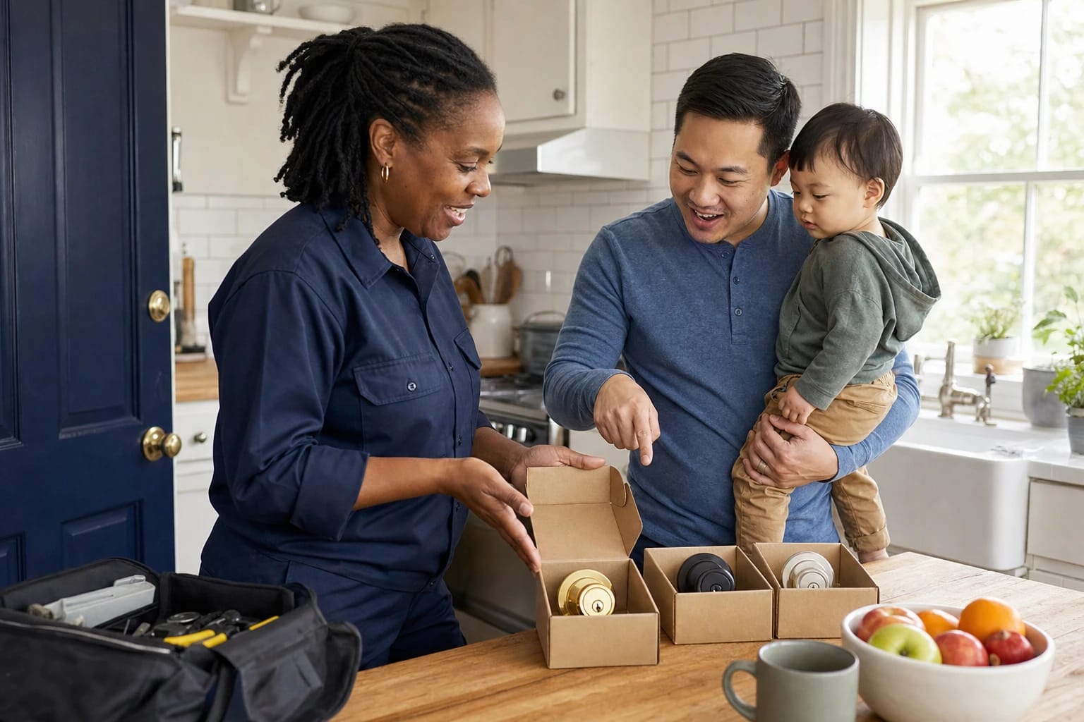 Locksmith shows a father holding his toddler three boxed deadbolts in brass, black and nickel at a kitchen island