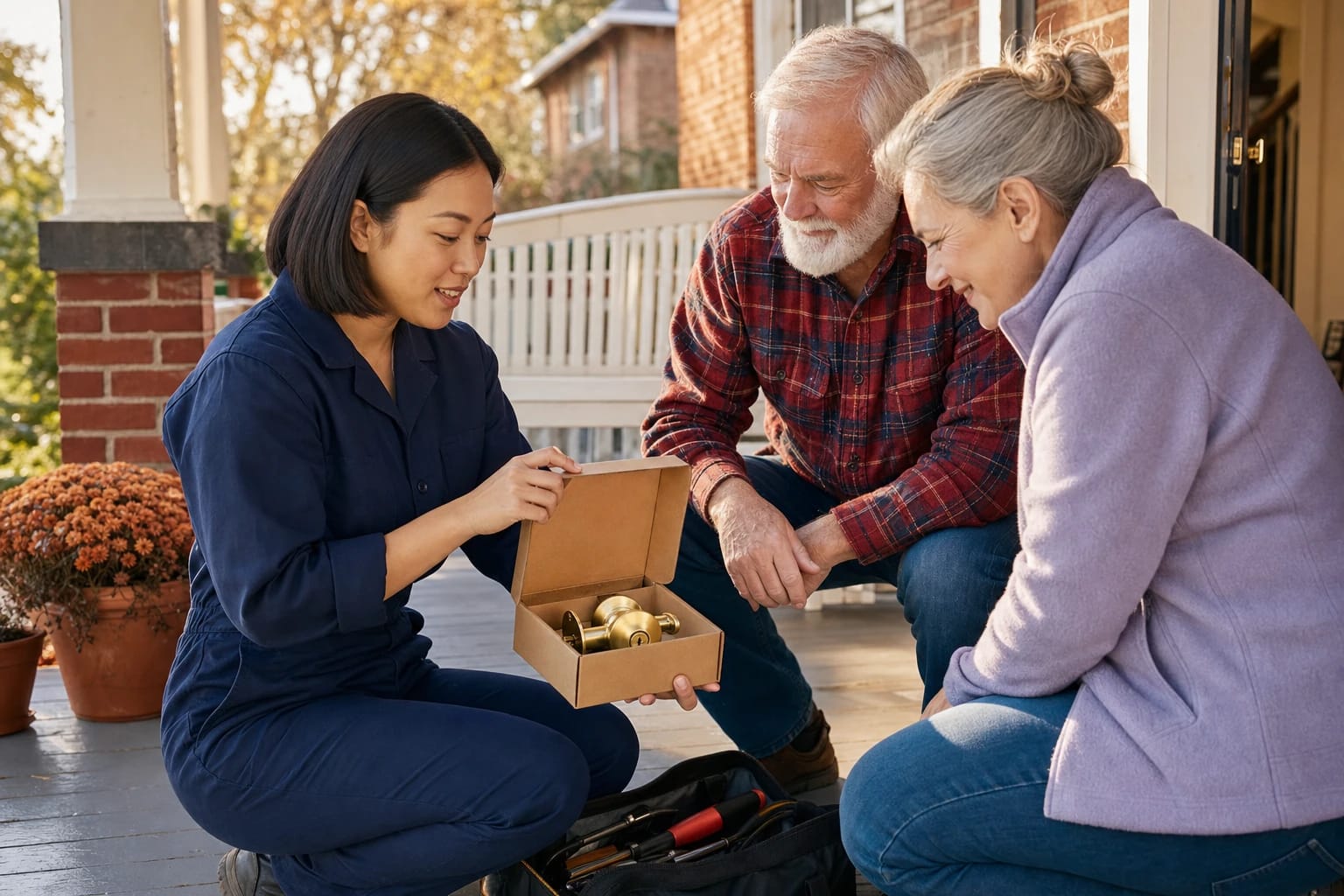 Locksmith opens a box with a new brass doorknob for an older couple on a brick home's porch in fall