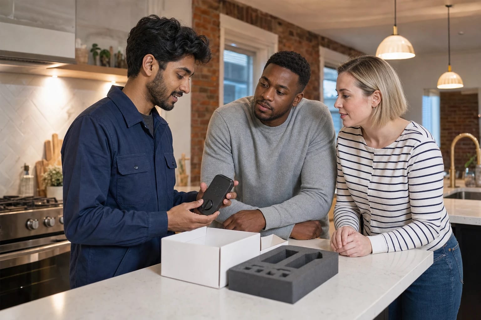 Locksmith shows a keypad smart lock to a couple at a kitchen island beside its open box