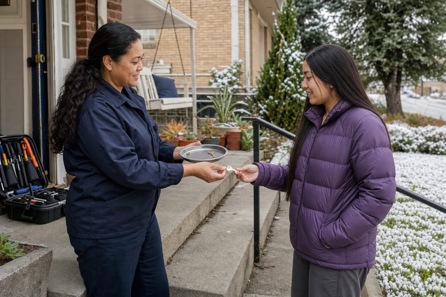 Locksmith holds a tray of broken key pieces and hands a new key to a young woman on snowy front steps